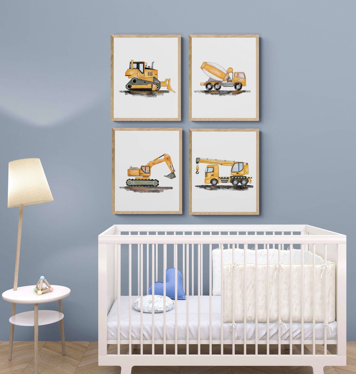 Set of 4 Vertical Construction Vehicle Prints, Construction Wall Art, Boys Room Poster, Crane, Cement Truck, Excavator, Bulldozer - MerikaArt