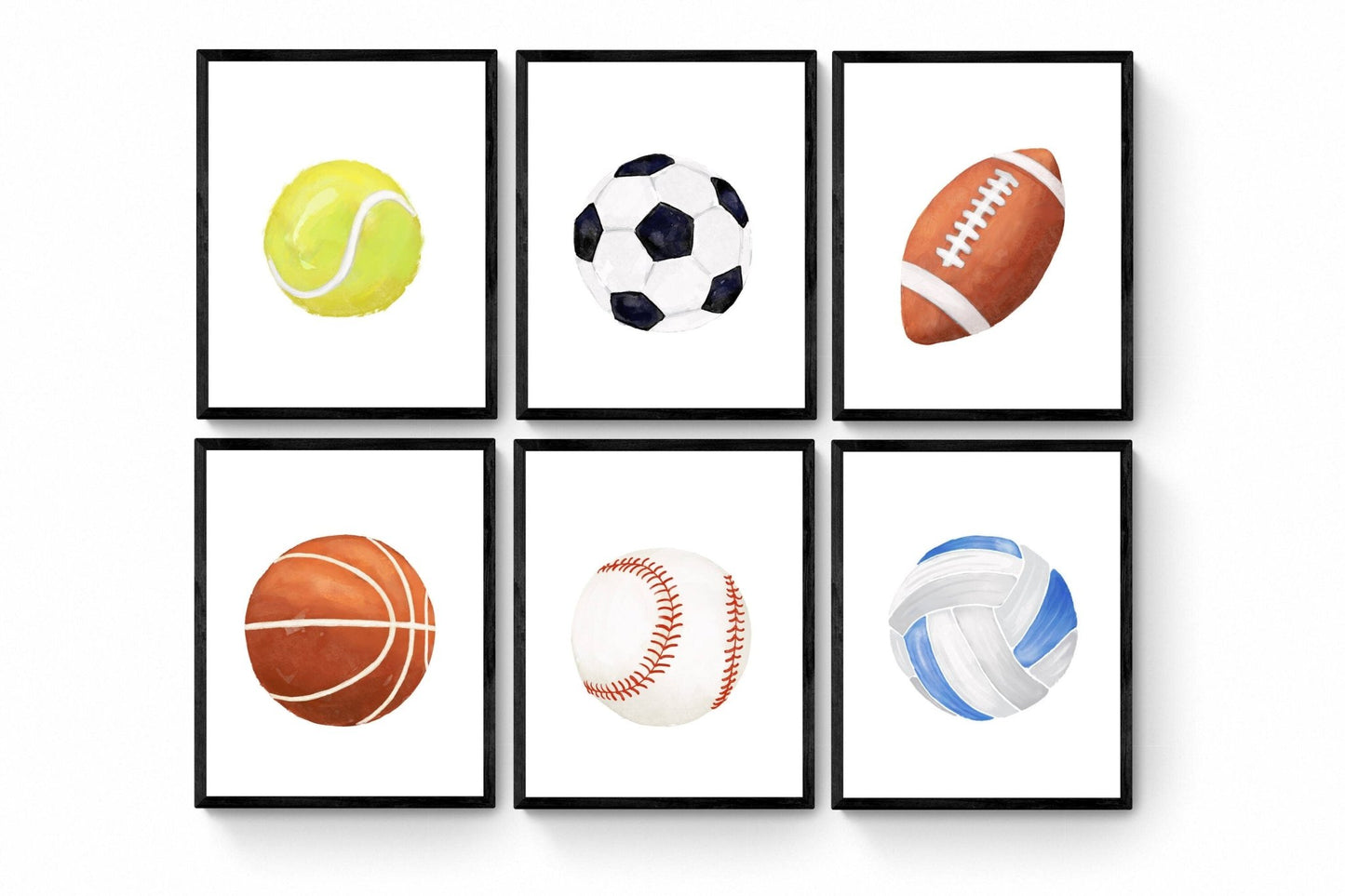 Set of 6 Sports Ball Prints, Sport Painting, Boys Room Wall Art, Girls Room Print, Kids Wall Art, Nursery Decor, Sports Lover Illustrations - MerikaArt