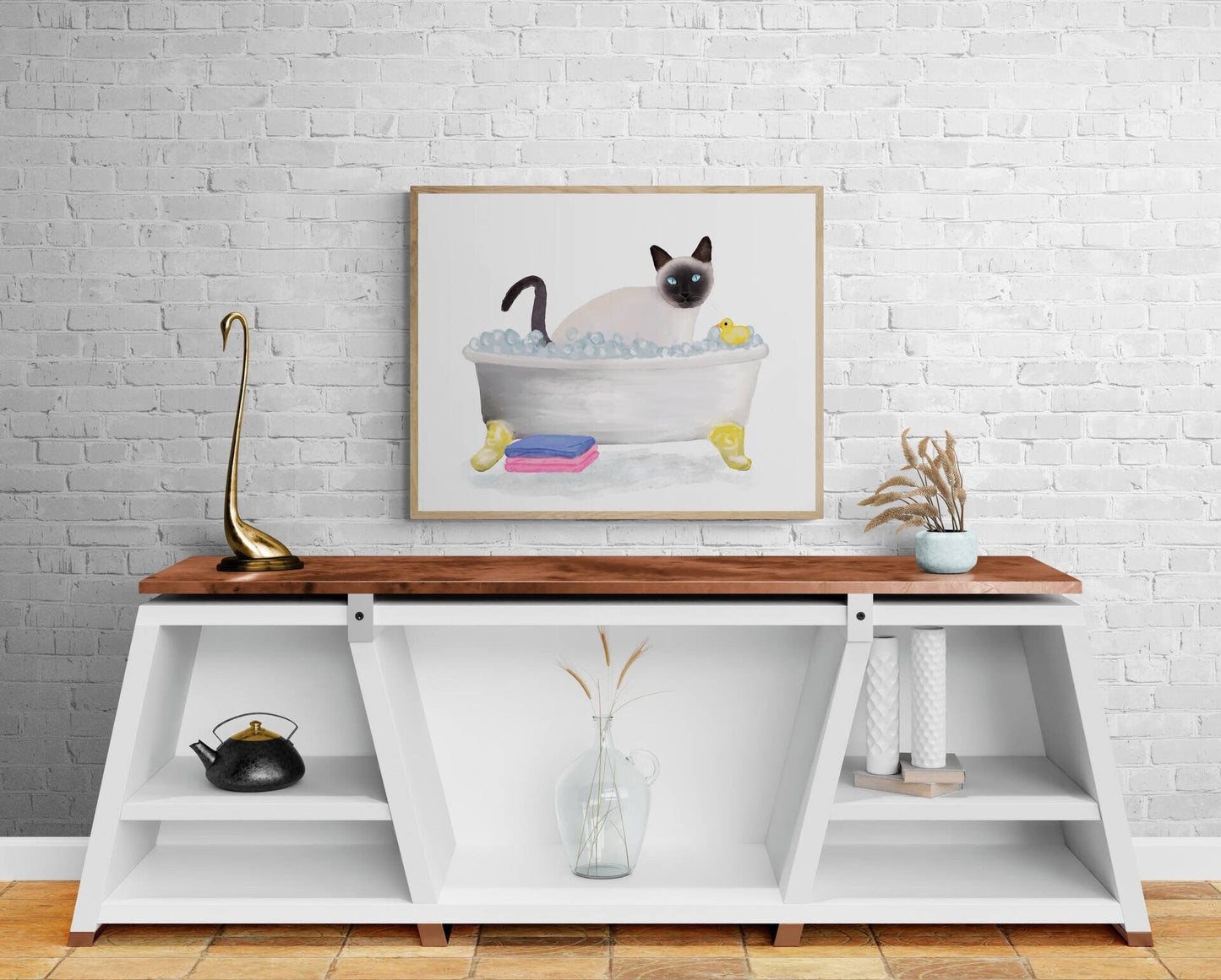 Siamese Cat Bathing Print, Siamese Cat In Bathtub, Bathroom Art, Bathroom Cat Painting, Cat Relaxing In Bath Print, Cat Lover Gift - MerikaArt