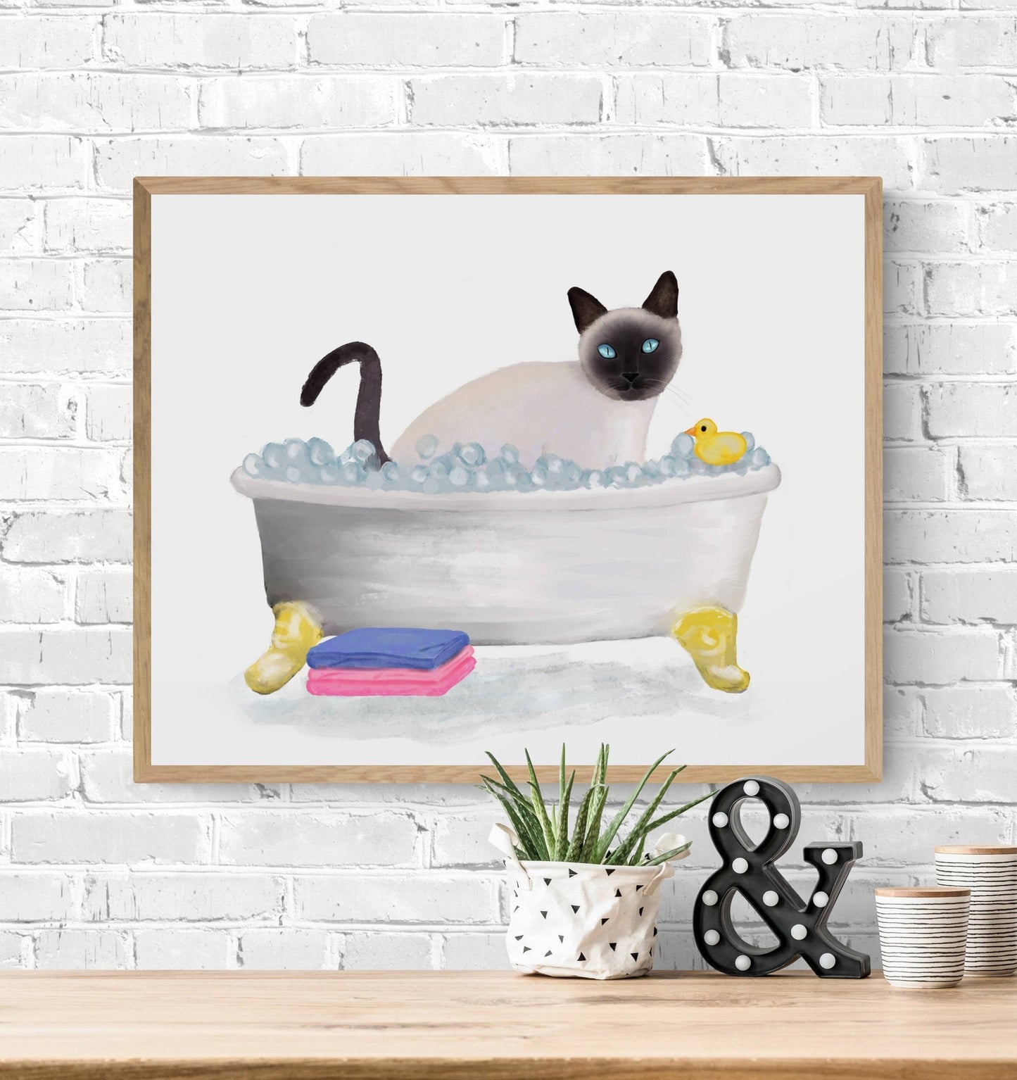 Siamese Cat Bathing Print, Siamese Cat In Bathtub, Bathroom Art, Bathroom Cat Painting, Cat Relaxing In Bath Print, Cat Lover Gift - MerikaArt