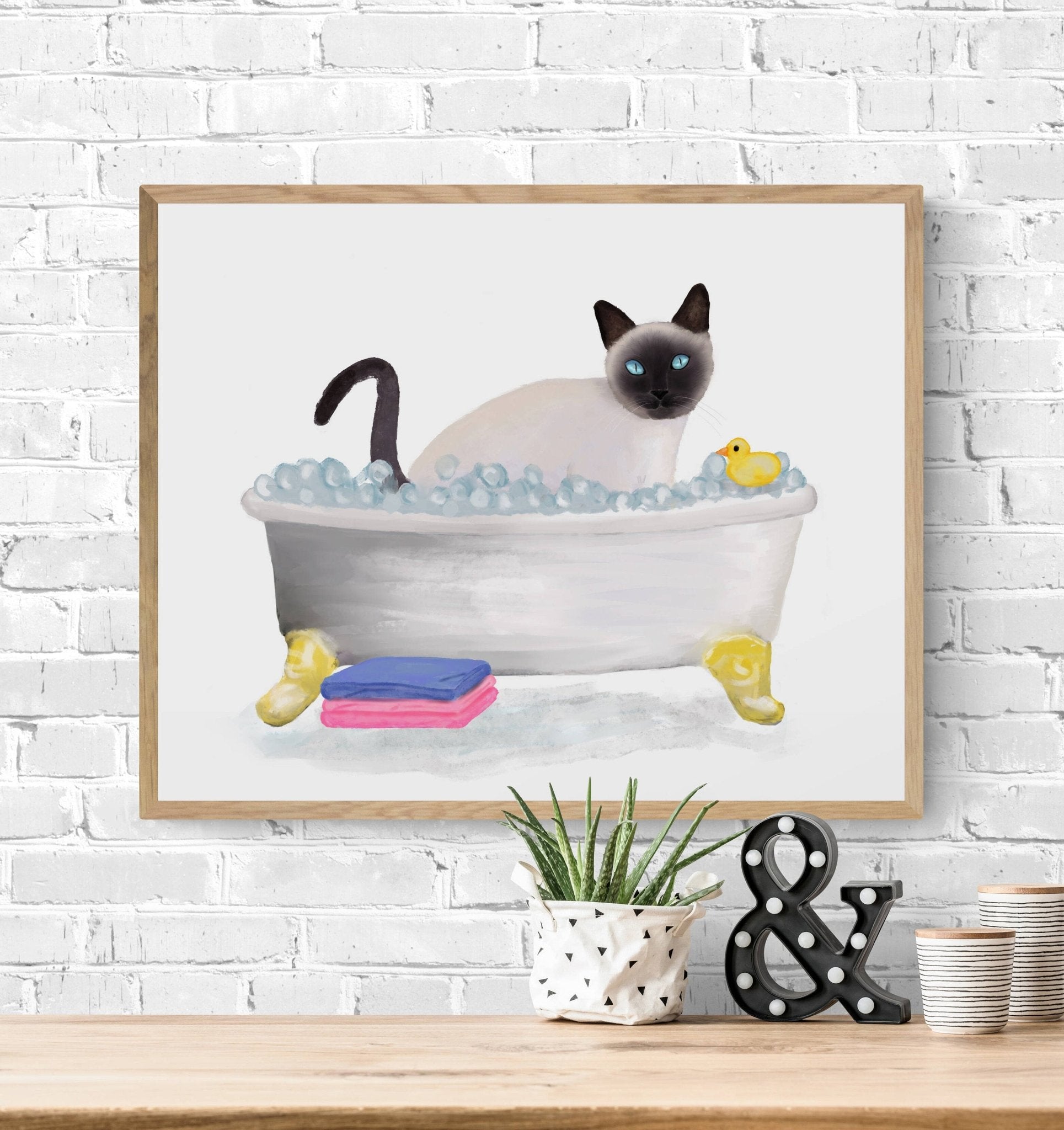 Siamese Cat Bathing Print, Siamese Cat In Bathtub, Bathroom Art, Bathroom Cat Painting, Cat Relaxing In Bath Print, Cat Lover Gift - MerikaArt