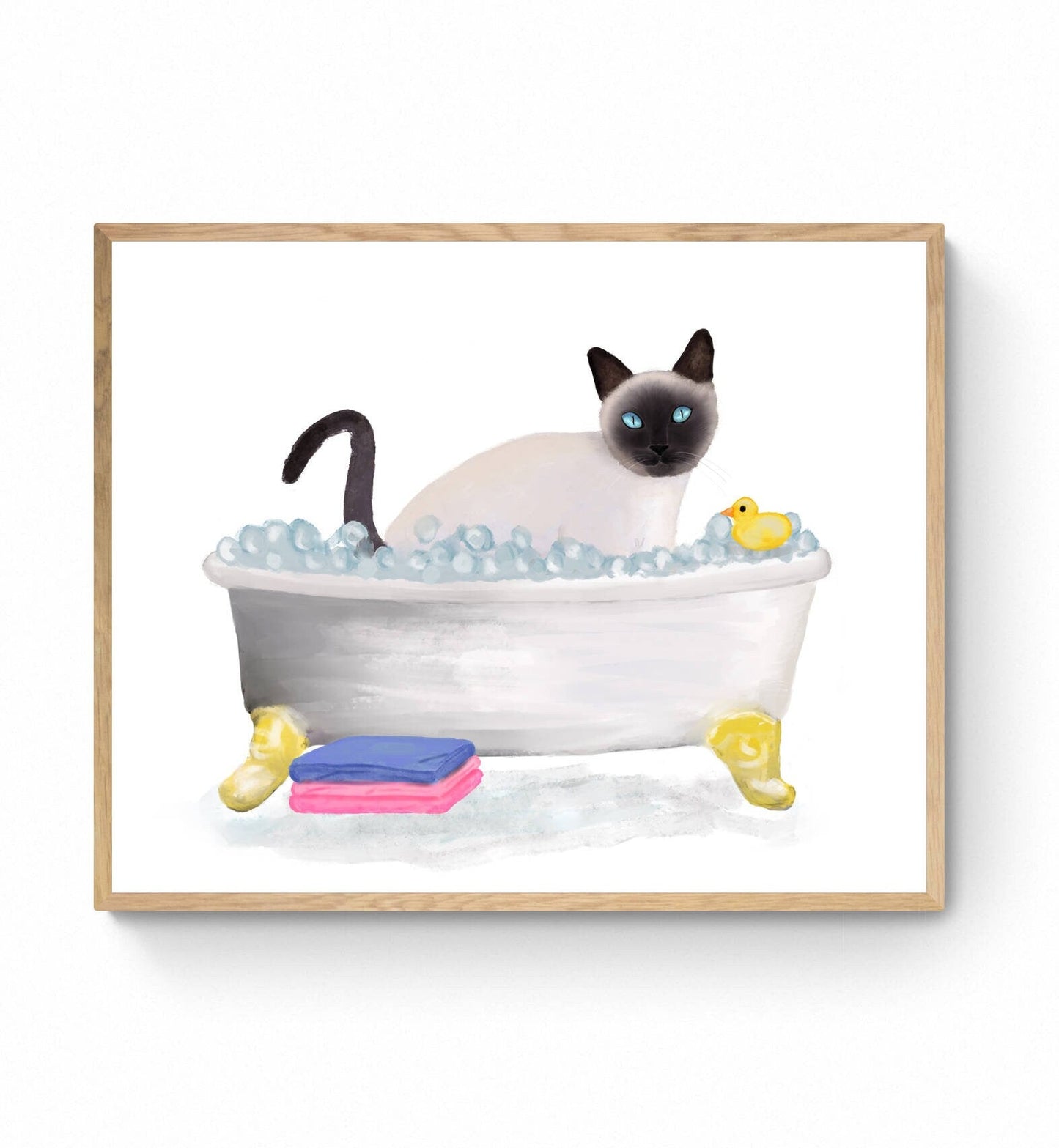 Siamese Cat Bathing Print, Siamese Cat In Bathtub, Bathroom Art, Bathroom Cat Painting, Cat Relaxing In Bath Print, Cat Lover Gift - MerikaArt