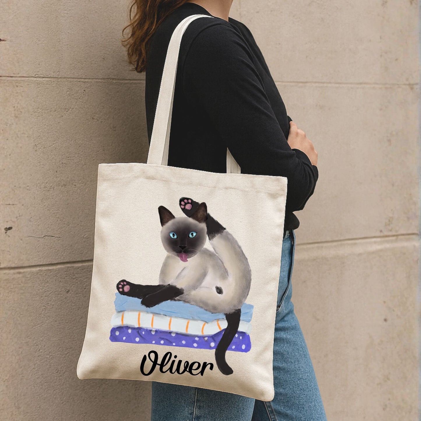 Siamese Cat Grooming on Blankets Canvas Tote Bag - MerikaArt