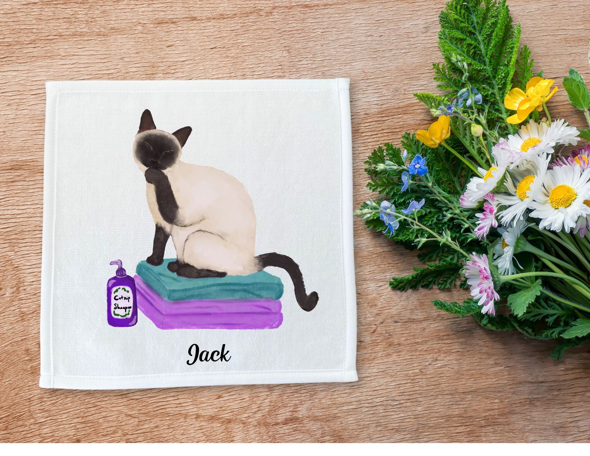 Siamese Cat Grooming on Pillows Washcloth - MerikaArt