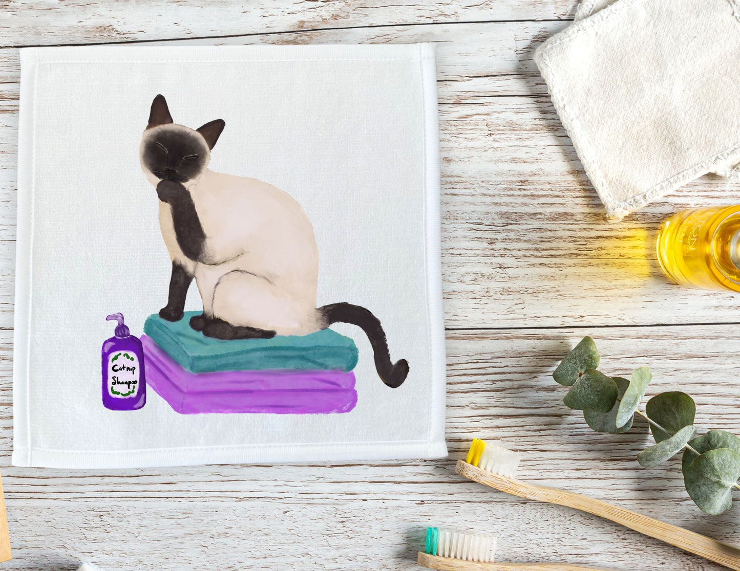 Siamese Cat Grooming on Pillows Washcloth - MerikaArt