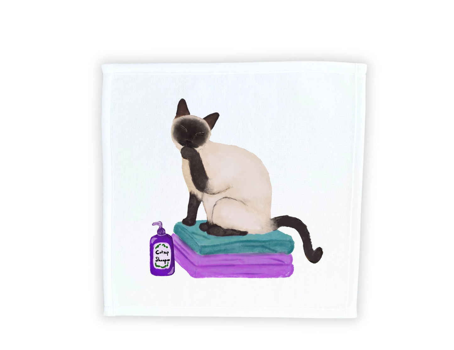 Siamese Cat Grooming on Pillows Washcloth - MerikaArt