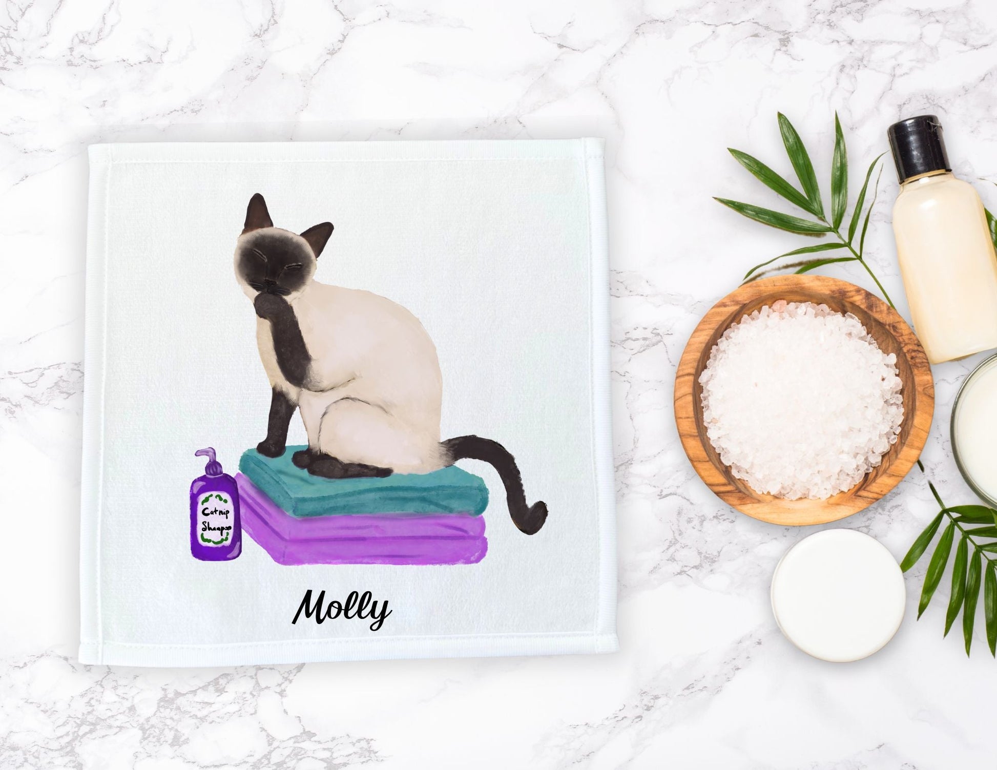 Siamese Cat Grooming on Pillows Washcloth - MerikaArt