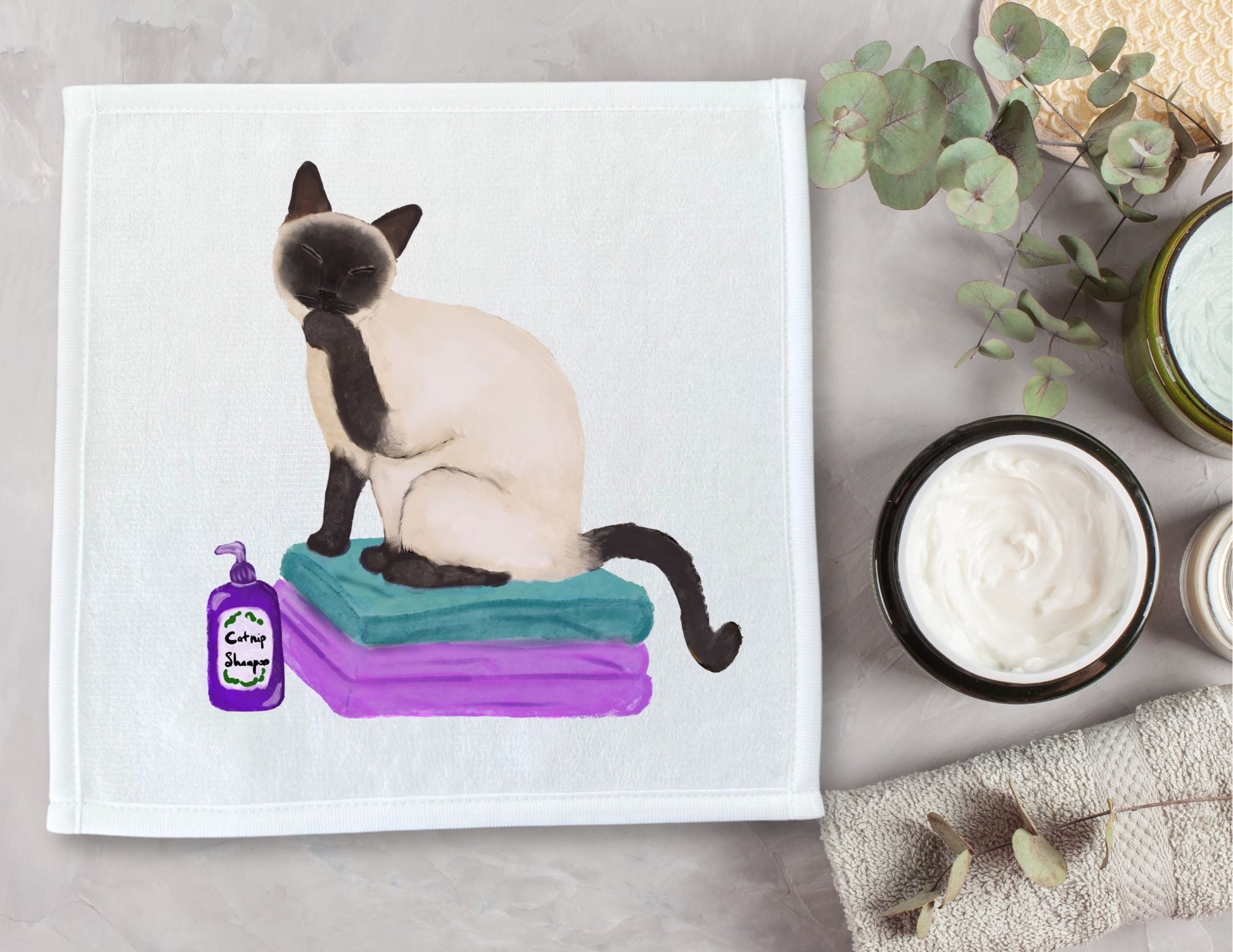 Siamese Cat Grooming on Pillows Washcloth - MerikaArt