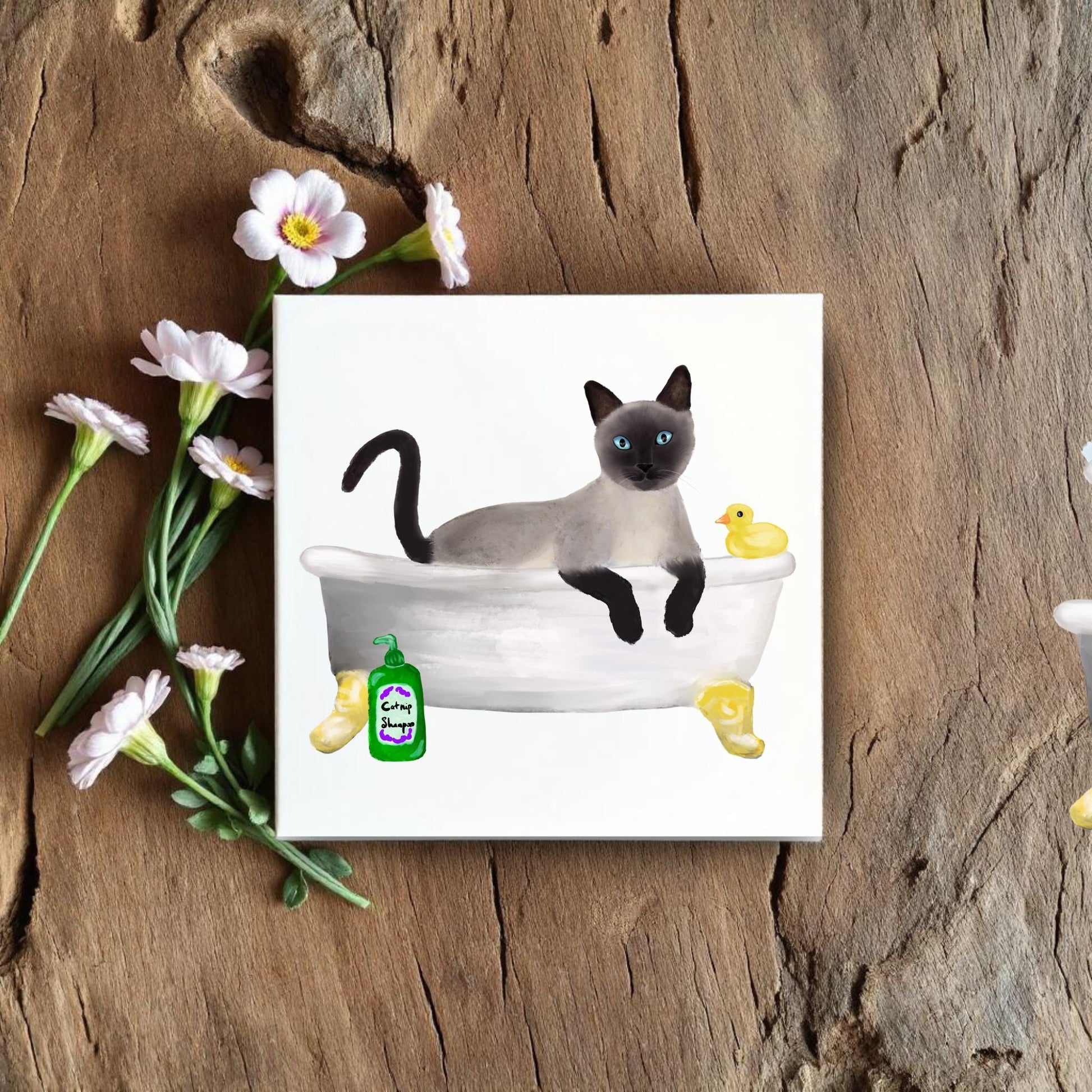 Siamese Cat in Bathtub Ceramic Tile – Handcrafted Whimsical Pet Art Decor - MerikaArt