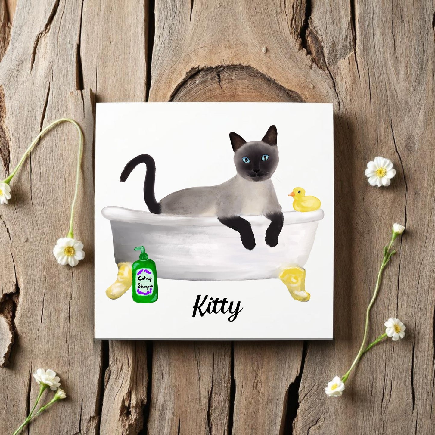 Siamese Cat in Bathtub Ceramic Tile – Handcrafted Whimsical Pet Art Decor - MerikaArt