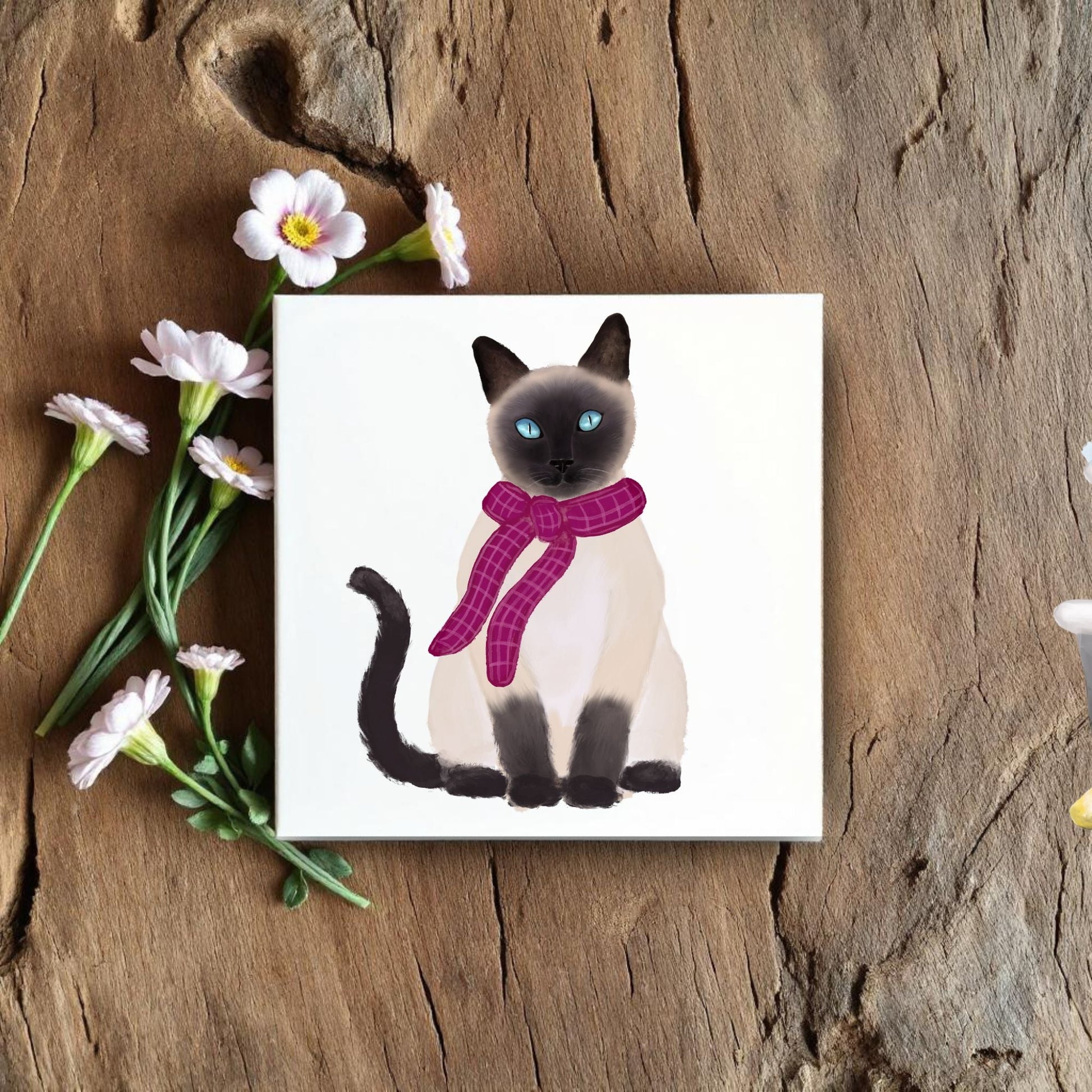 Siamese Cat in Cozy Scarf Ceramic Tile - MerikaArt