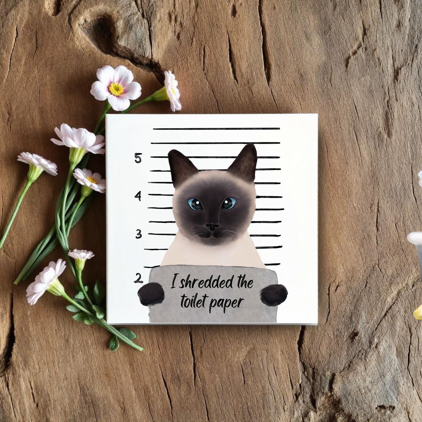 Siamese Cat Mugshot Ceramic Tile – Handcrafted Whimsical Pet Art Decor - MerikaArt