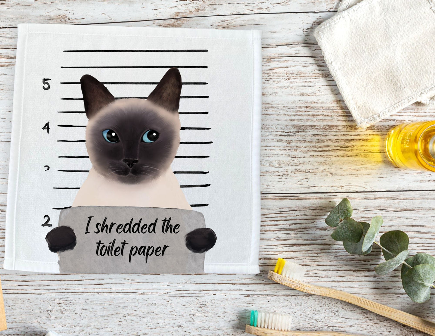 Siamese Cat Mugshot Washcloth | "I Shredded the Toilet Paper" - MerikaArt
