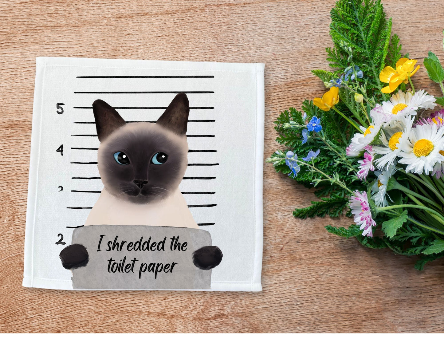 Siamese Cat Mugshot Washcloth | "I Shredded the Toilet Paper" - MerikaArt