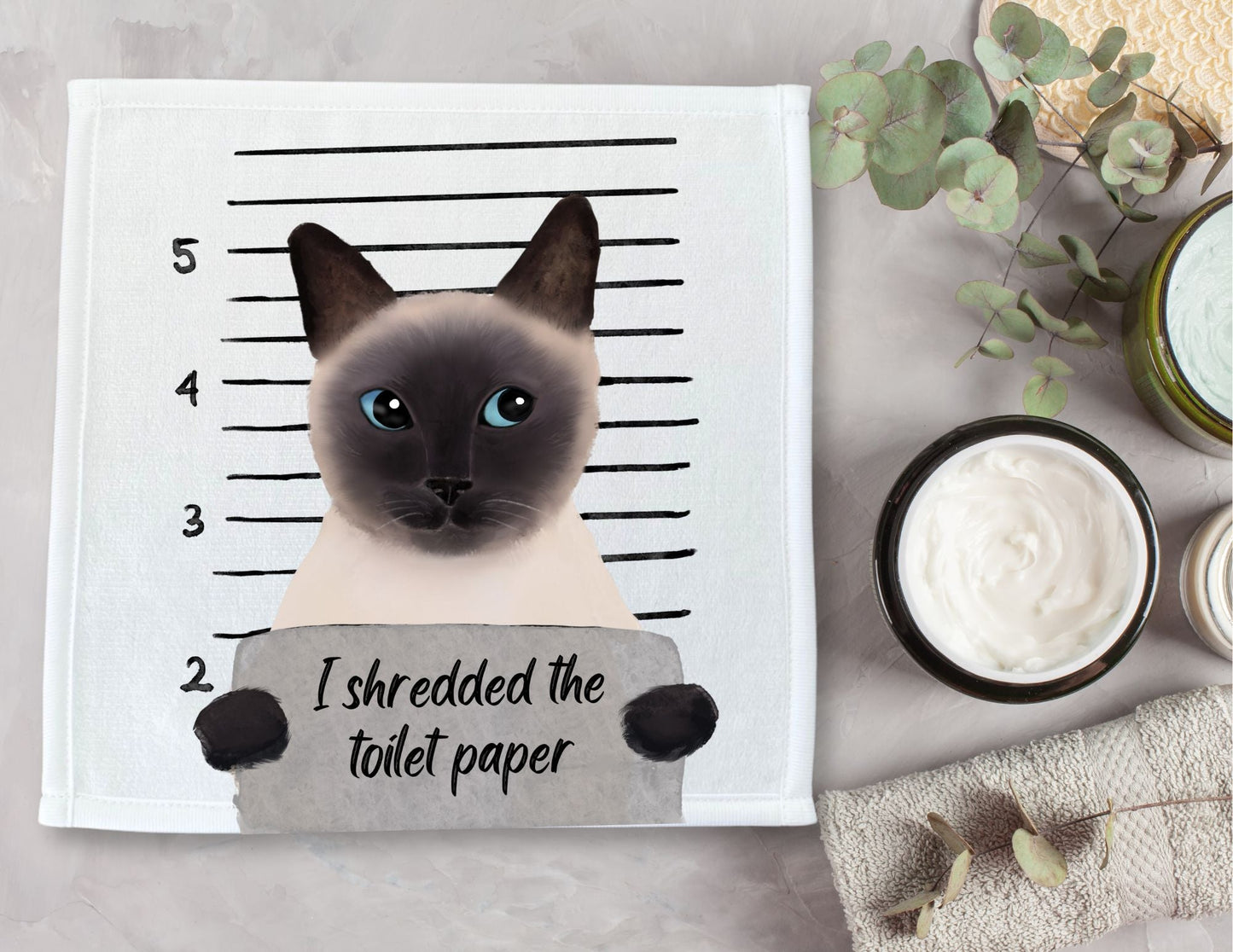 Siamese Cat Mugshot Washcloth | "I Shredded the Toilet Paper" - MerikaArt