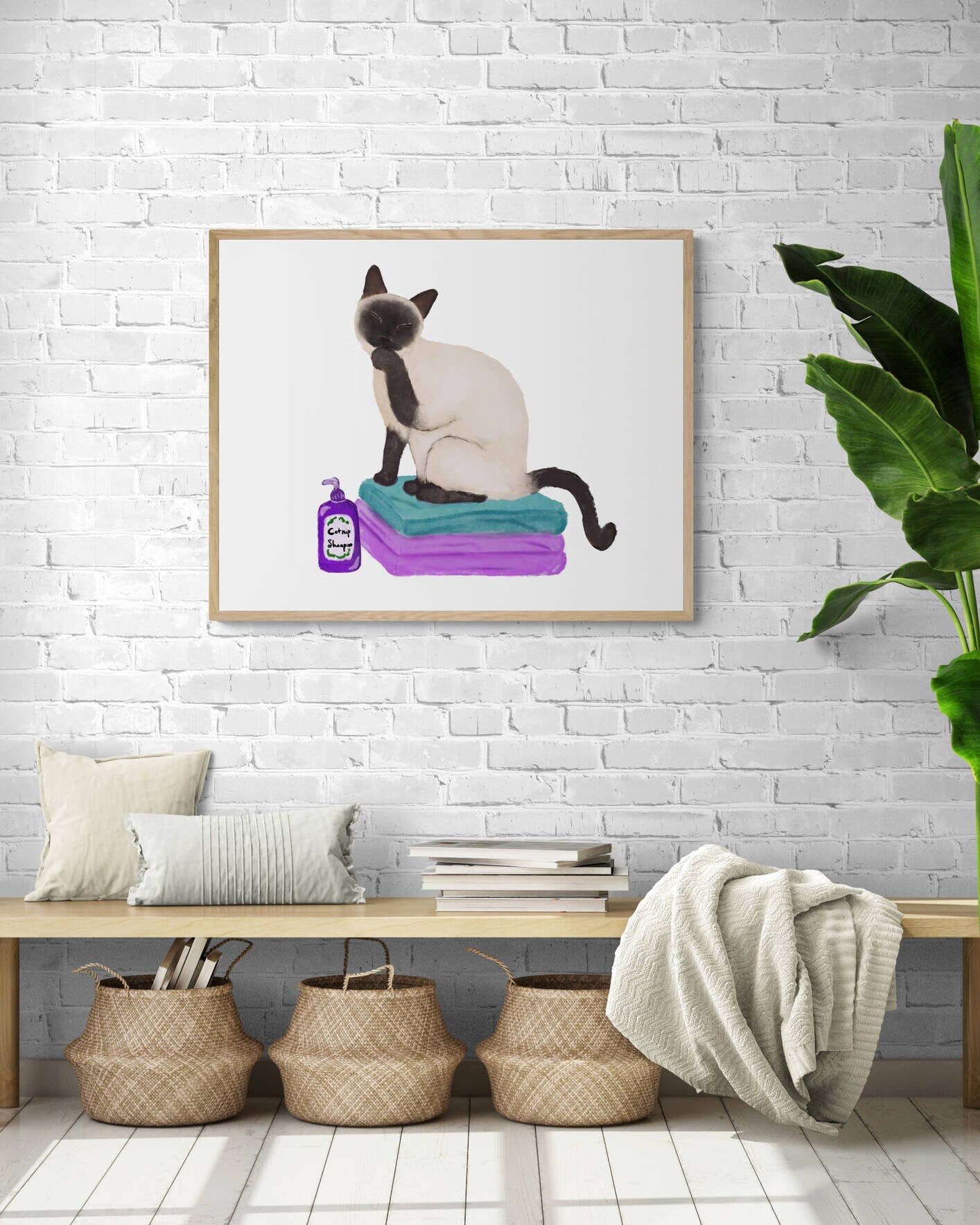Siamese Cat on Laundry Print, Siamese Cat Sitting on Folded Linens, Laundry Wall Art, Cat Illustration, Home Decor, Cat Memorial - MerikaArt