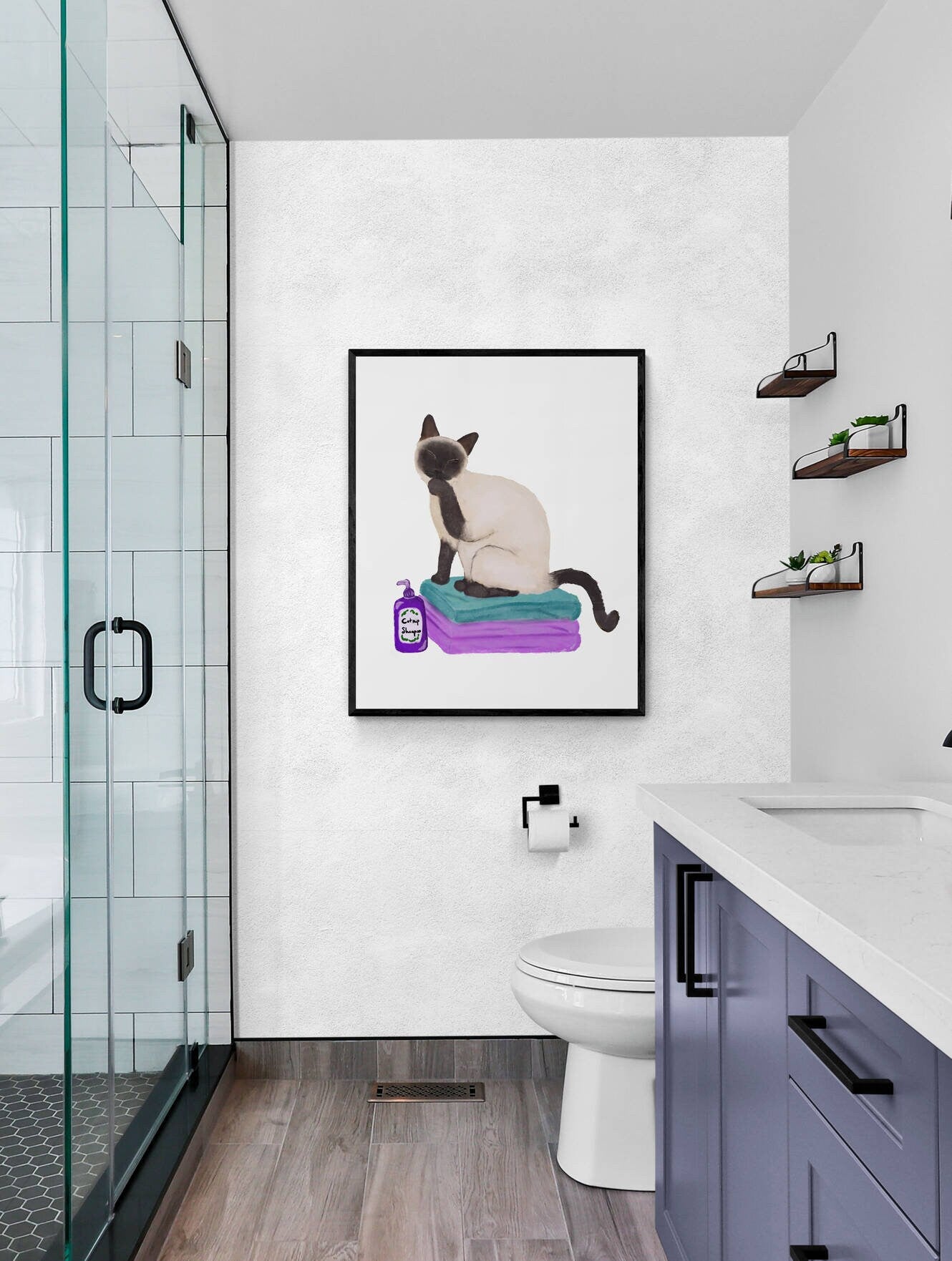 Siamese Cat on Laundry Print, Siamese Cat Sitting on Folded Linens, Laundry Wall Art, Cat Illustration, Home Decor, Cat Memorial - MerikaArt
