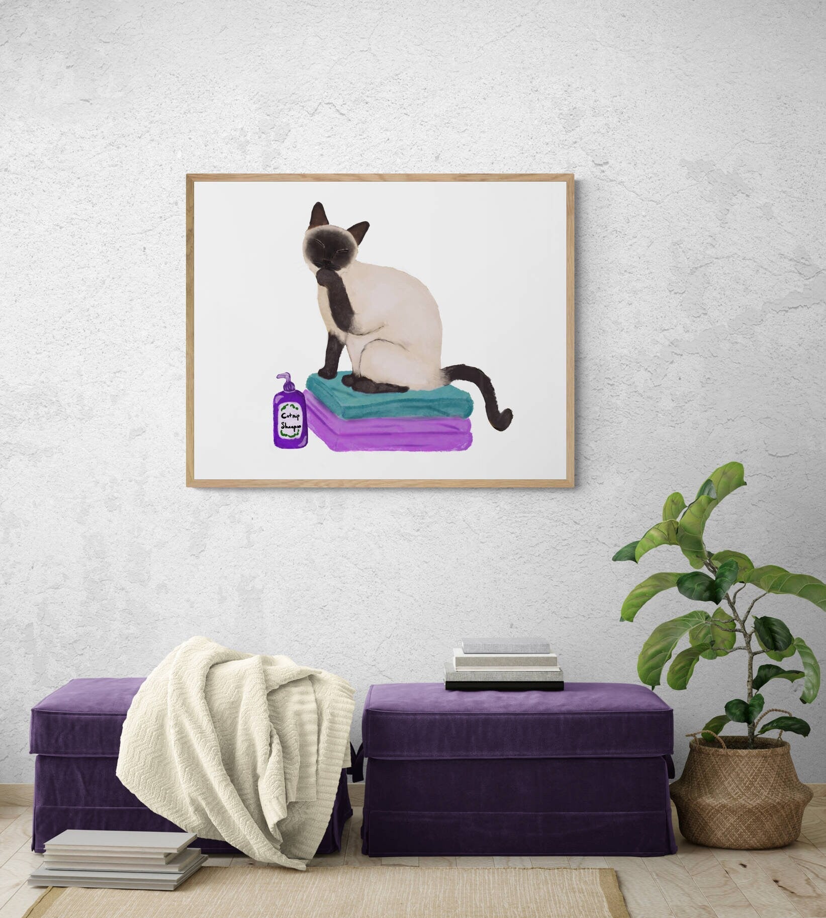 Siamese Cat on Laundry Print, Siamese Cat Sitting on Folded Linens, Laundry Wall Art, Cat Illustration, Home Decor, Cat Memorial - MerikaArt
