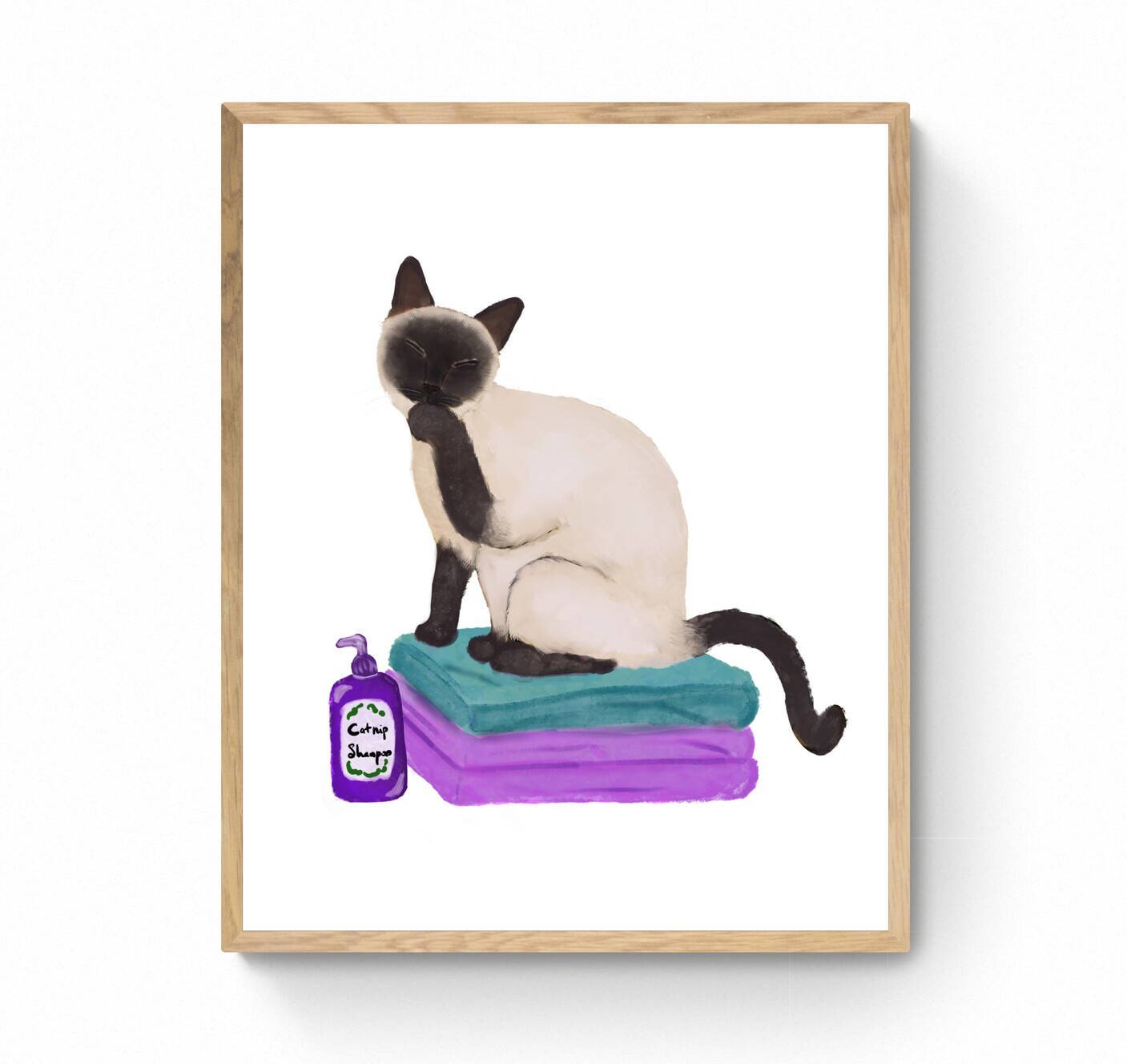 Siamese Cat on Laundry Print, Siamese Cat Sitting on Folded Linens, Laundry Wall Art, Cat Illustration, Home Decor, Cat Memorial - MerikaArt