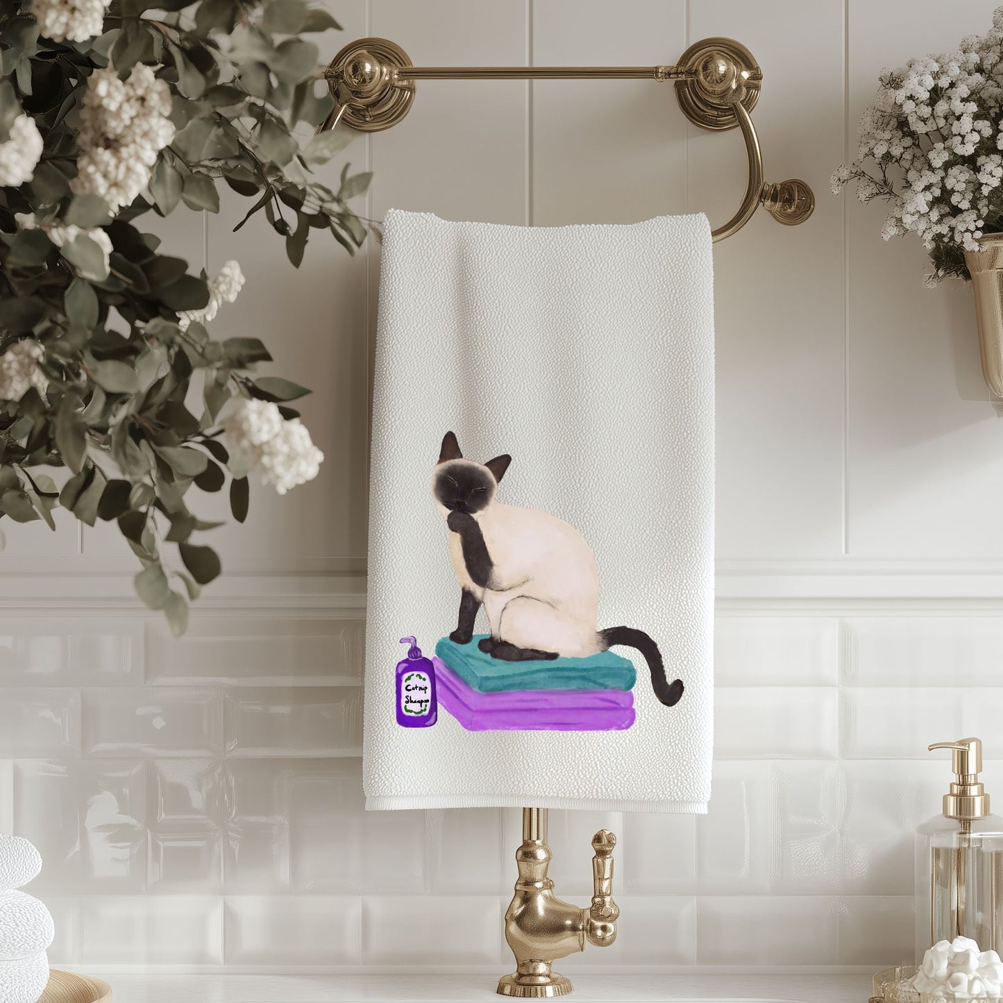 Siamese Cat on Towels Bathroom Towel - MerikaArt
