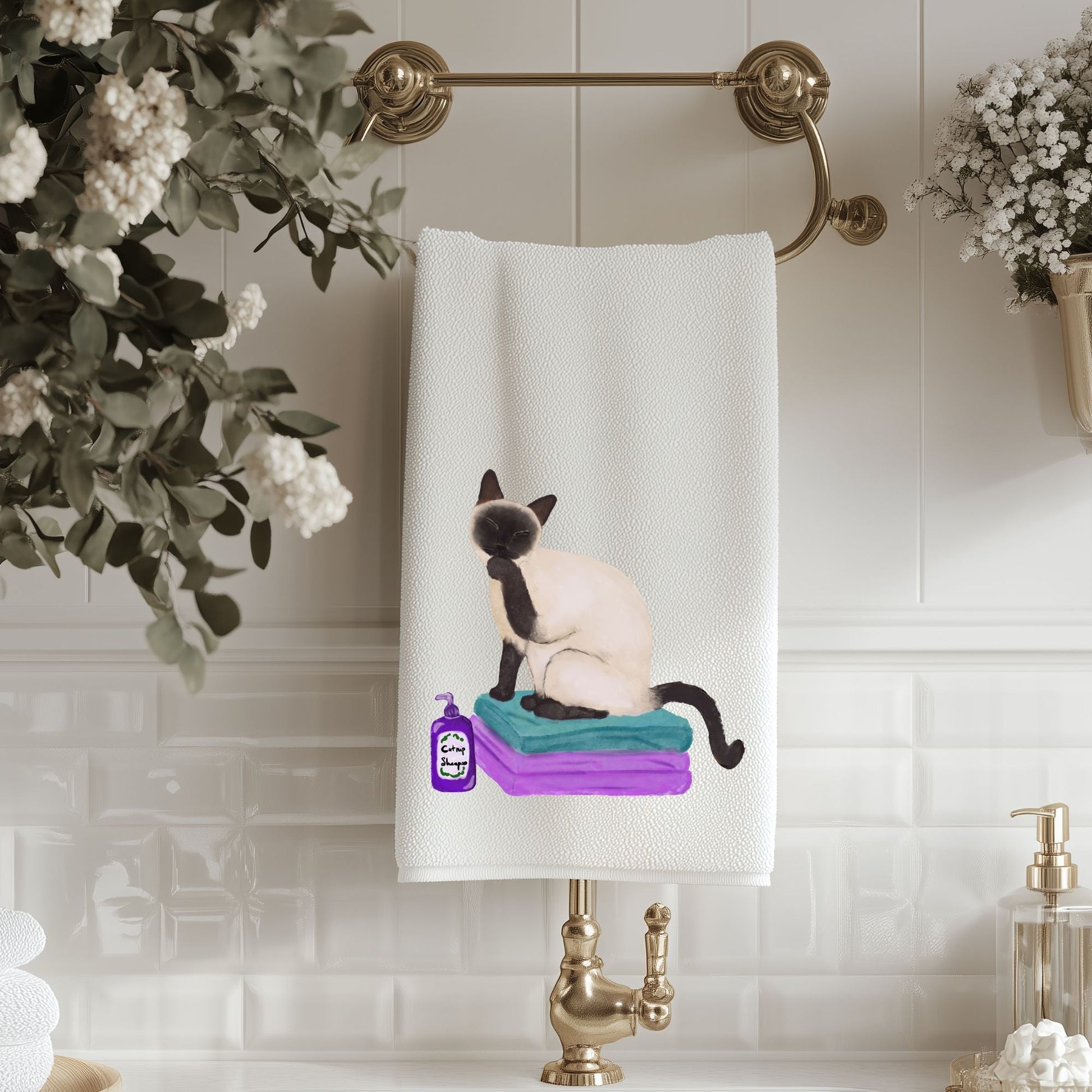 Siamese Cat on Towels Bathroom Towel - MerikaArt