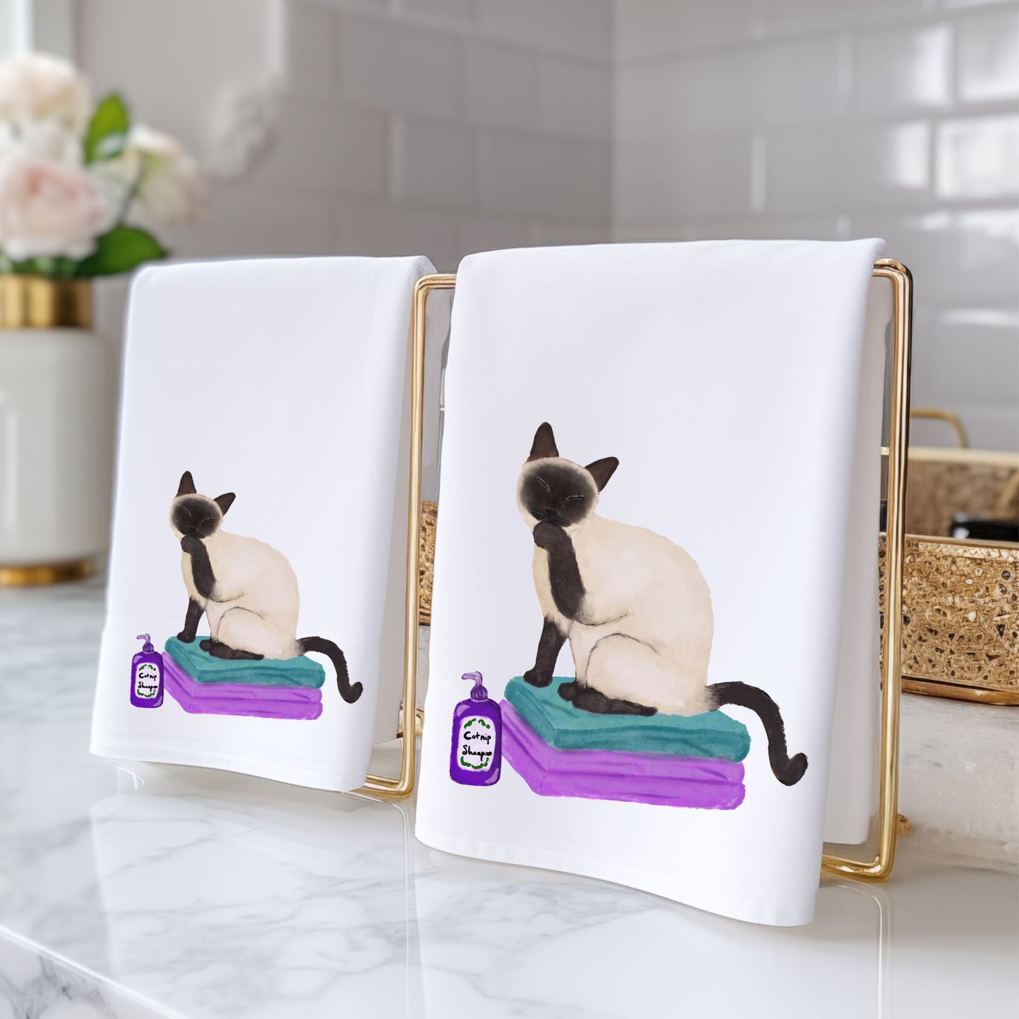 Siamese Cat on Towels Bathroom Towel - MerikaArt
