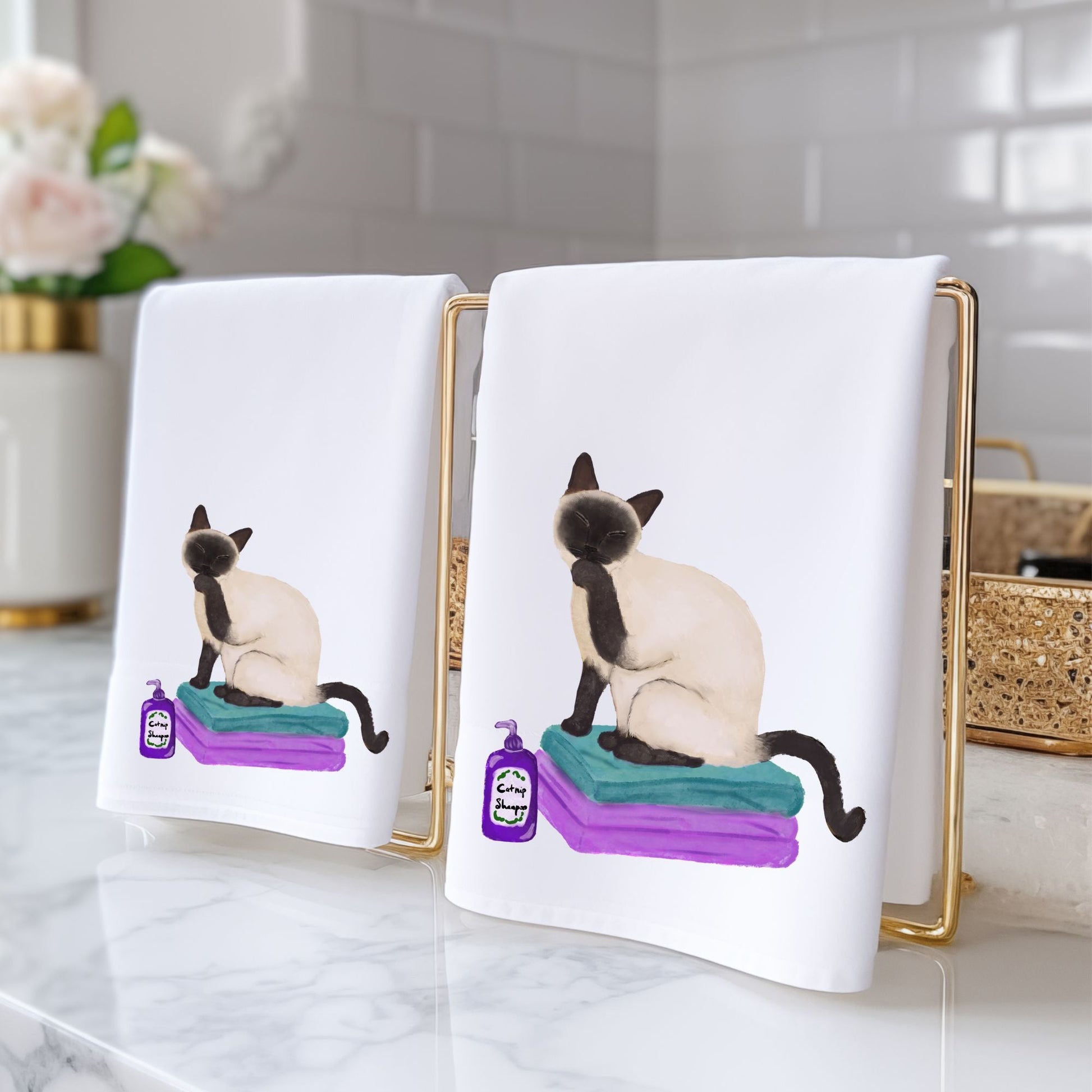Siamese Cat on Towels Bathroom Towel - MerikaArt