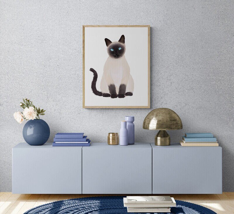 Siamese Cat Print, Siamese Cat Portrait Print, Siamese Short Hair Art, Cat Illustration, Home Decor, Kitten Painting, Cat Lover Gift - MerikaArt