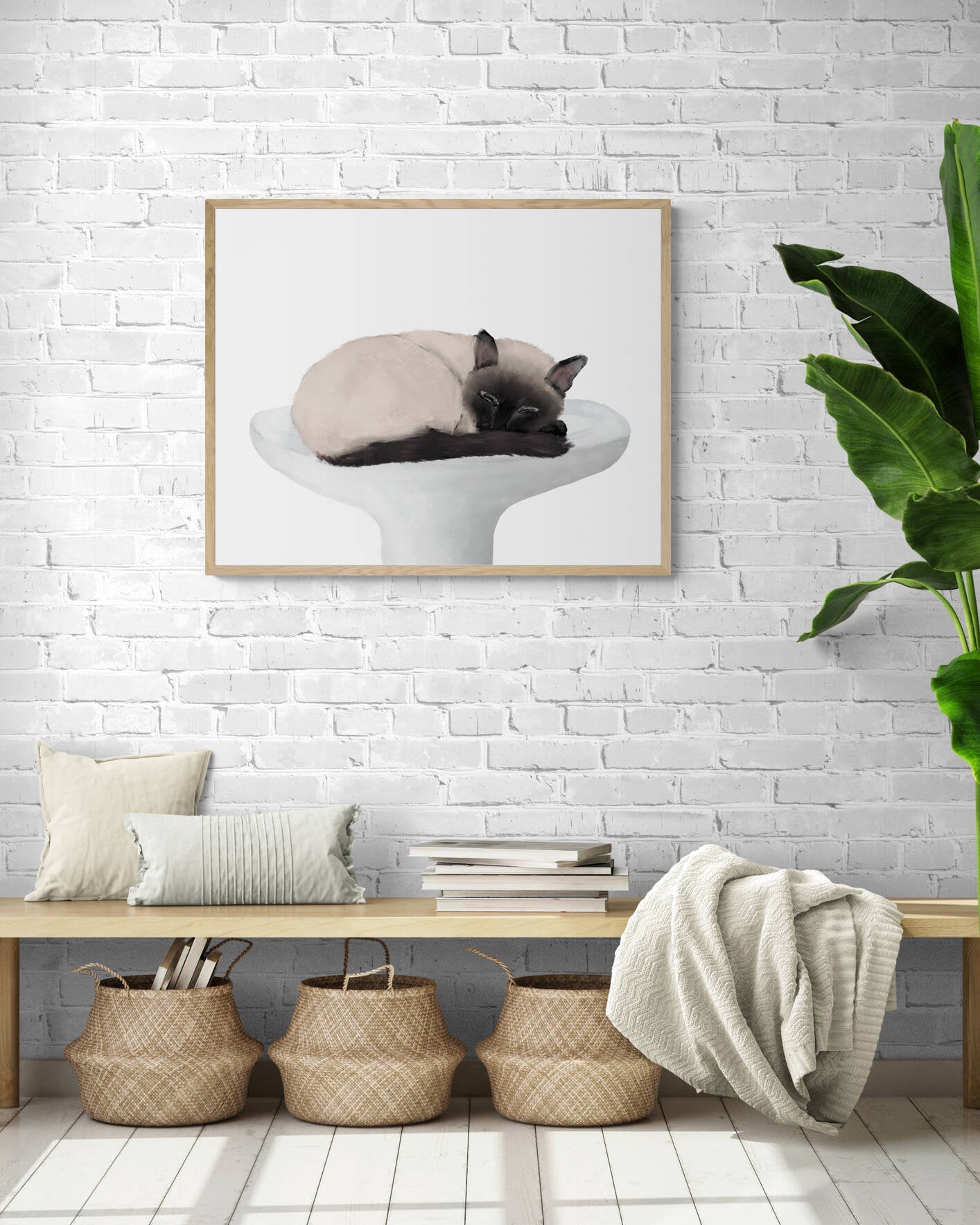 Siamese Cat Sleeping In Sink Art, Siamese Cat In Bath Print, Siamese Kitten Art, Cat Illustration, Home Wall Decor, Spa Painting, Cat Lover - MerikaArt