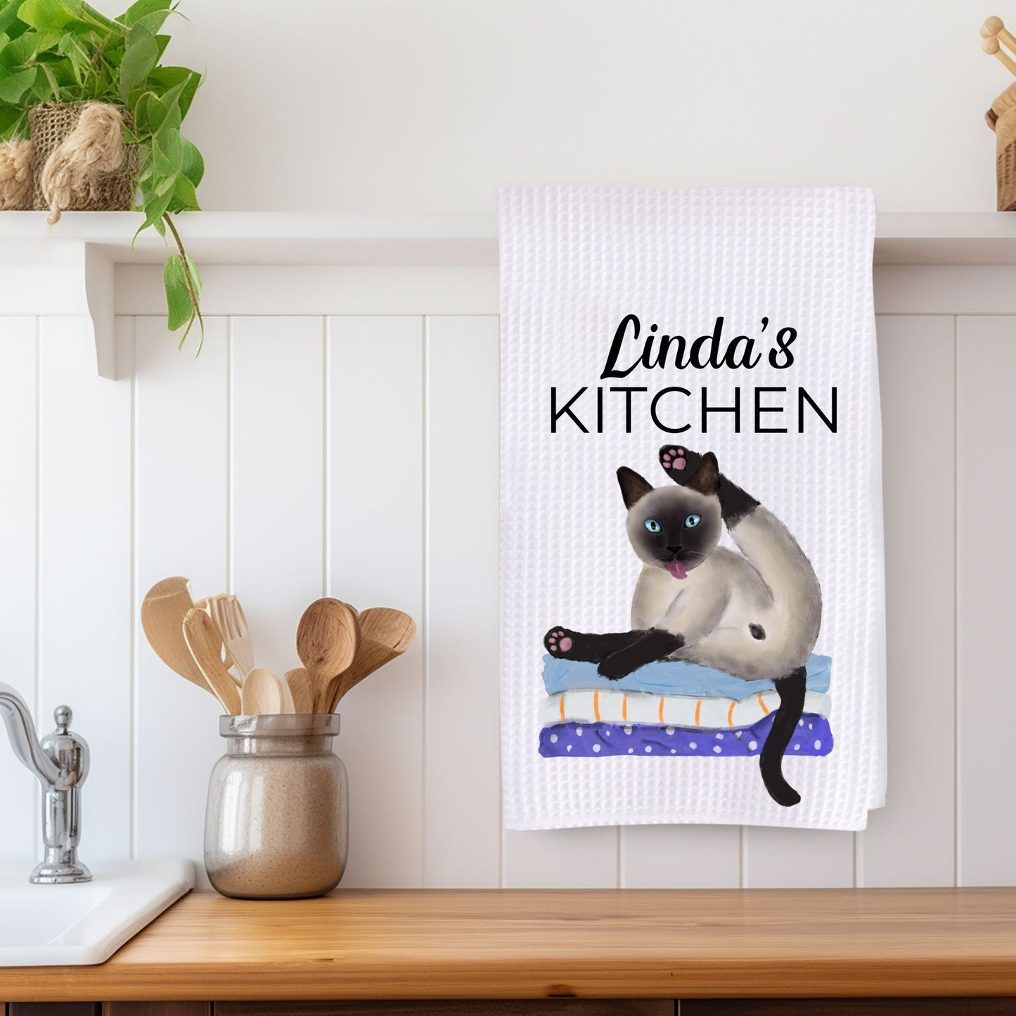Siamese Cat Stretching on Laundry Kitchen Towel - MerikaArt