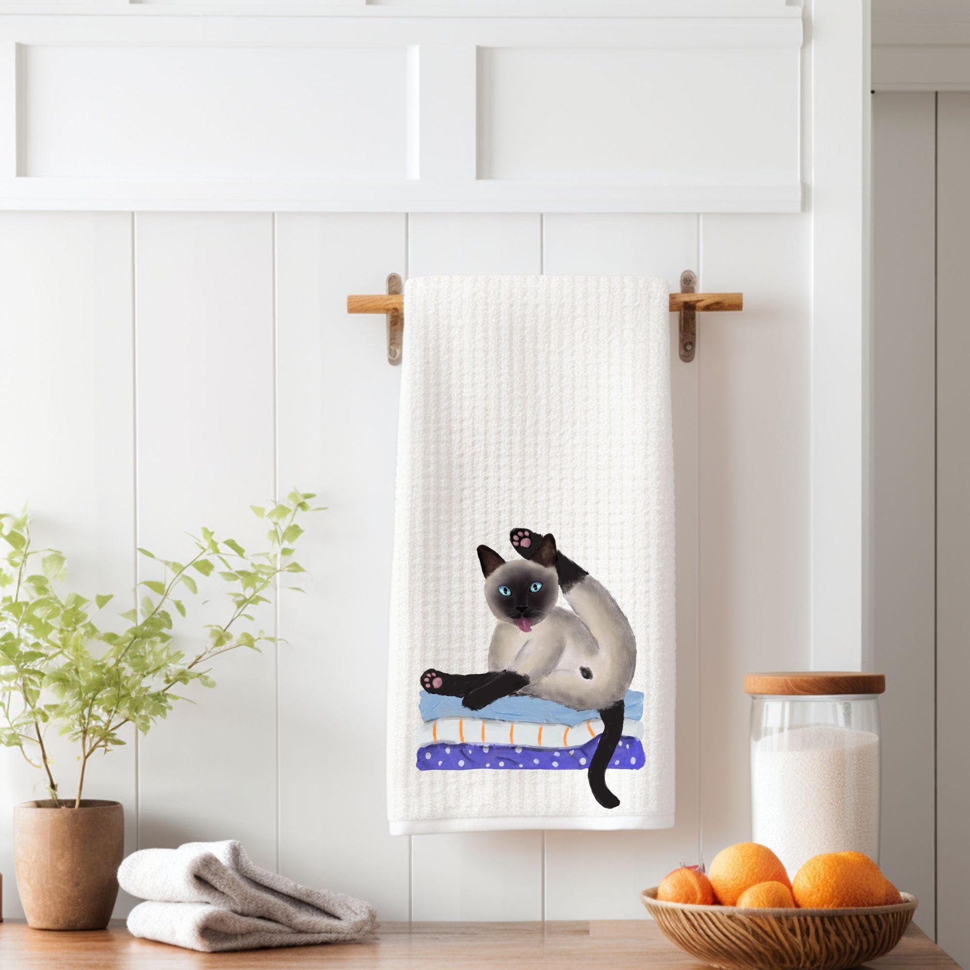 Siamese Cat Stretching on Laundry Kitchen Towel - MerikaArt