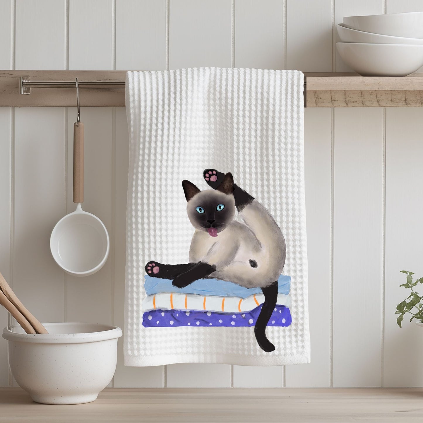 Siamese Cat Stretching on Laundry Kitchen Towel - MerikaArt