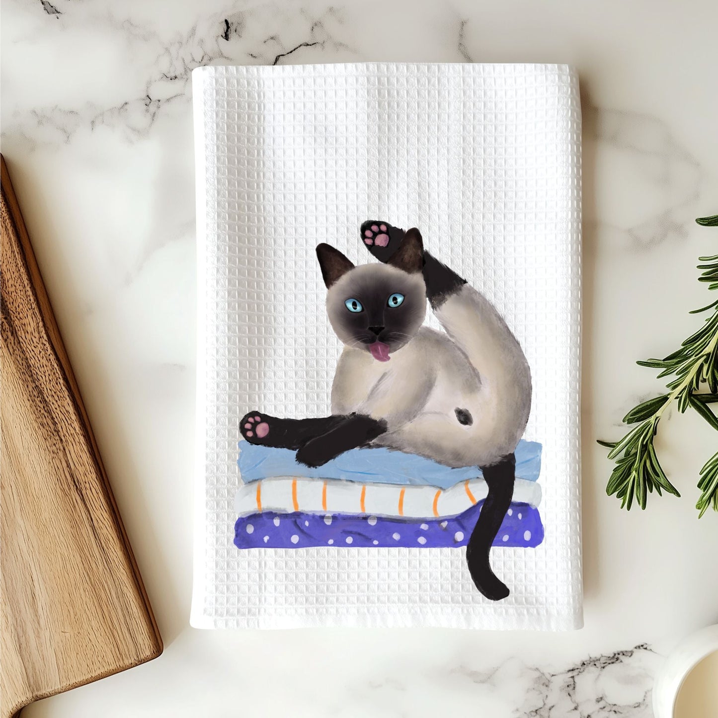 Siamese Cat Stretching on Laundry Kitchen Towel - MerikaArt