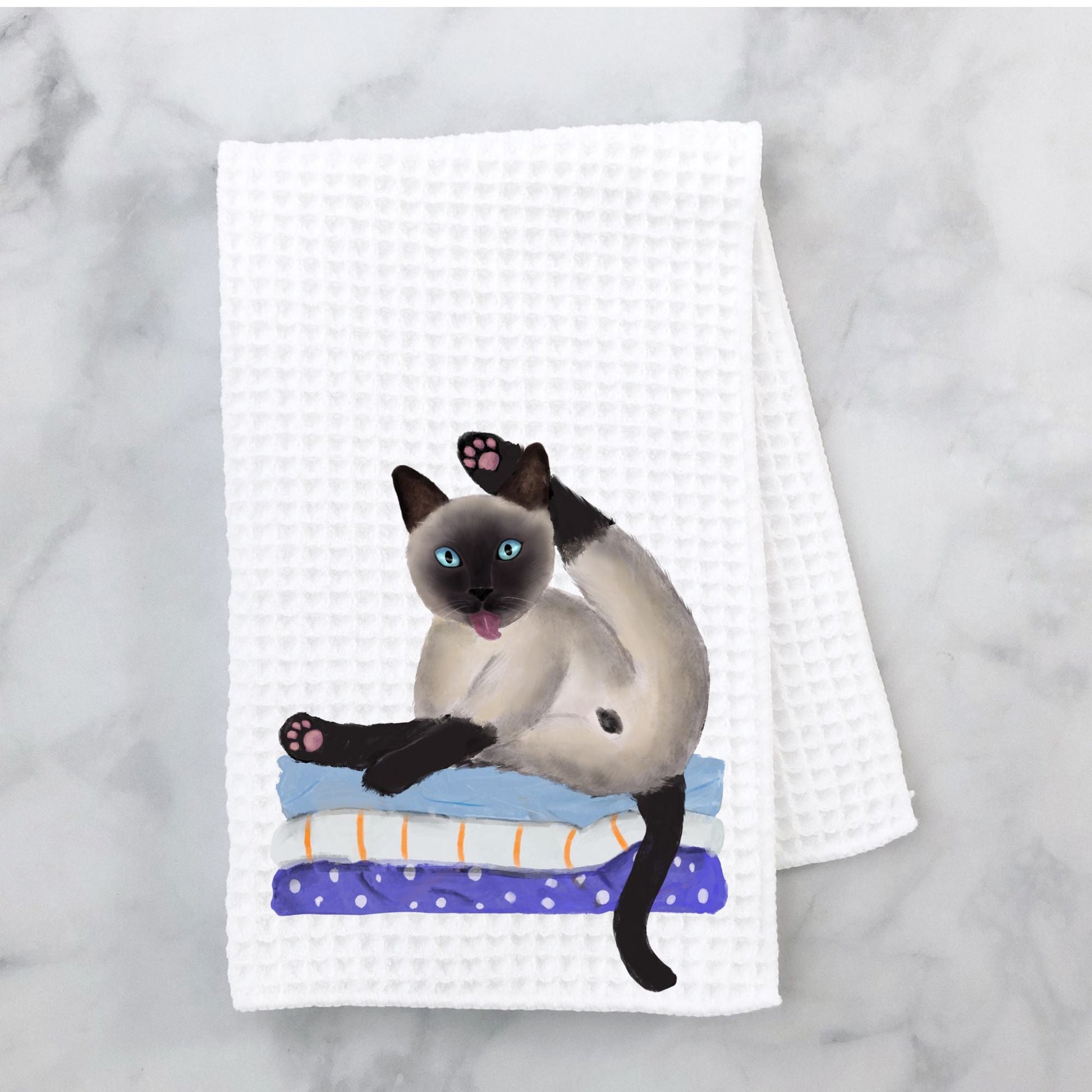Siamese Cat Stretching on Laundry Kitchen Towel - MerikaArt
