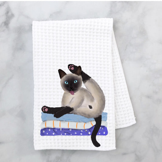 Siamese Cat Stretching on Laundry Kitchen Towel - MerikaArt