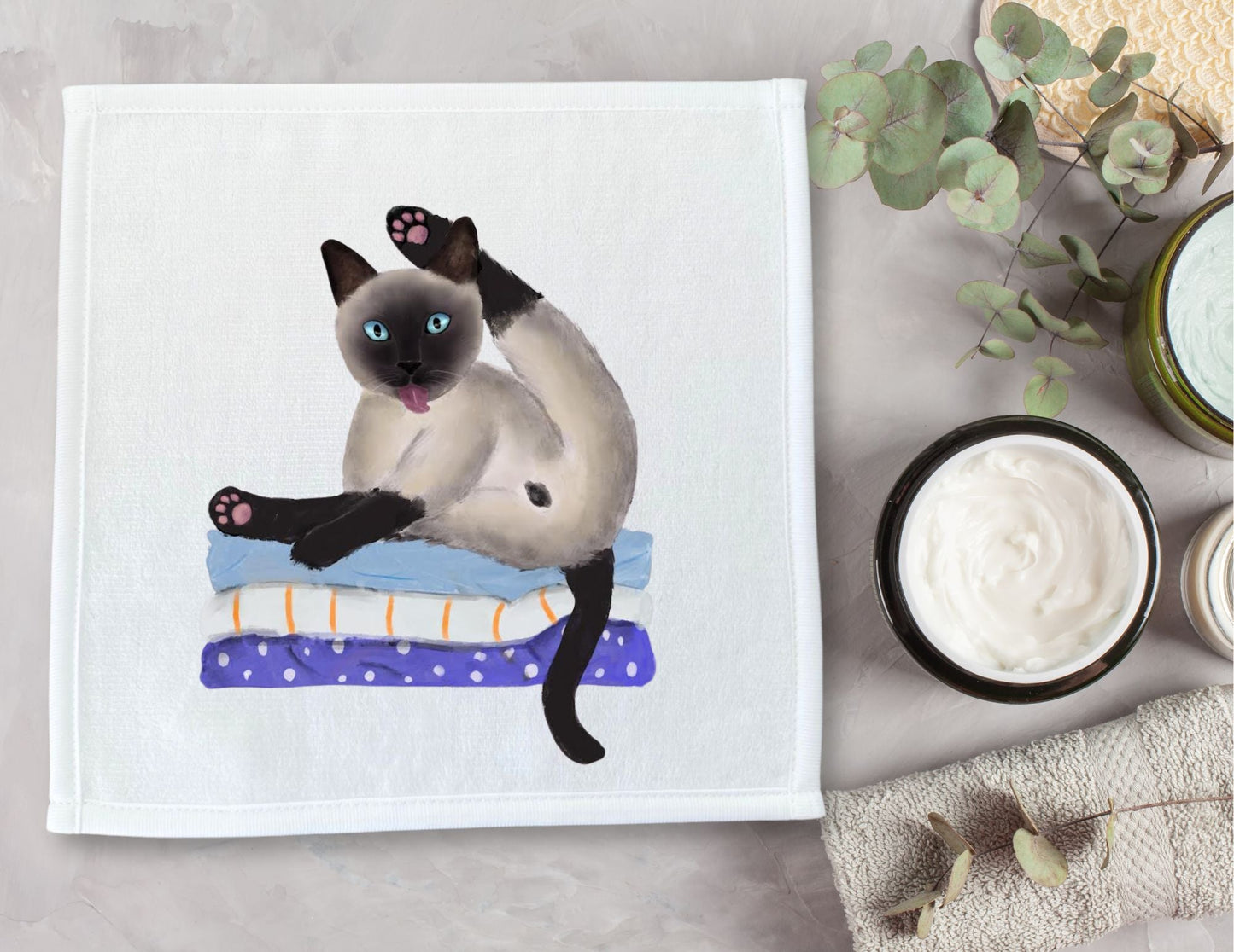 Siamese Cat Stretching on Pillows Washcloth - MerikaArt