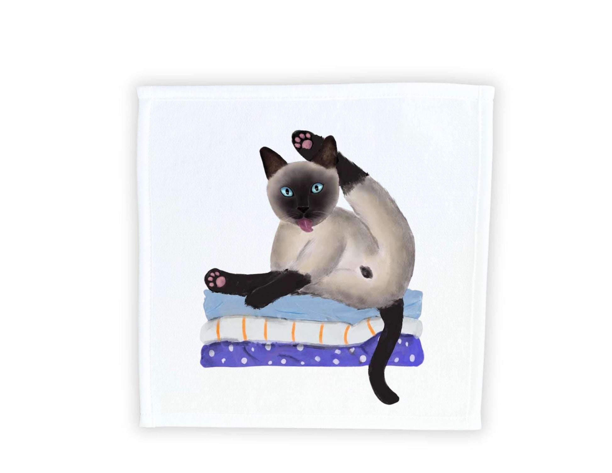 Siamese Cat Stretching on Pillows Washcloth - MerikaArt