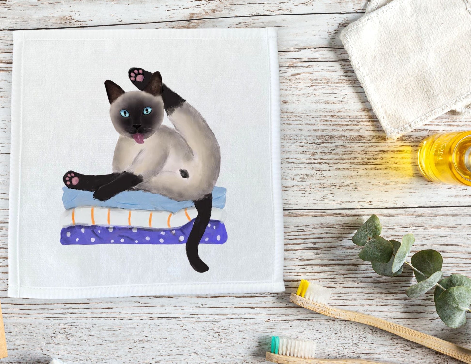 Siamese Cat Stretching on Pillows Washcloth - MerikaArt