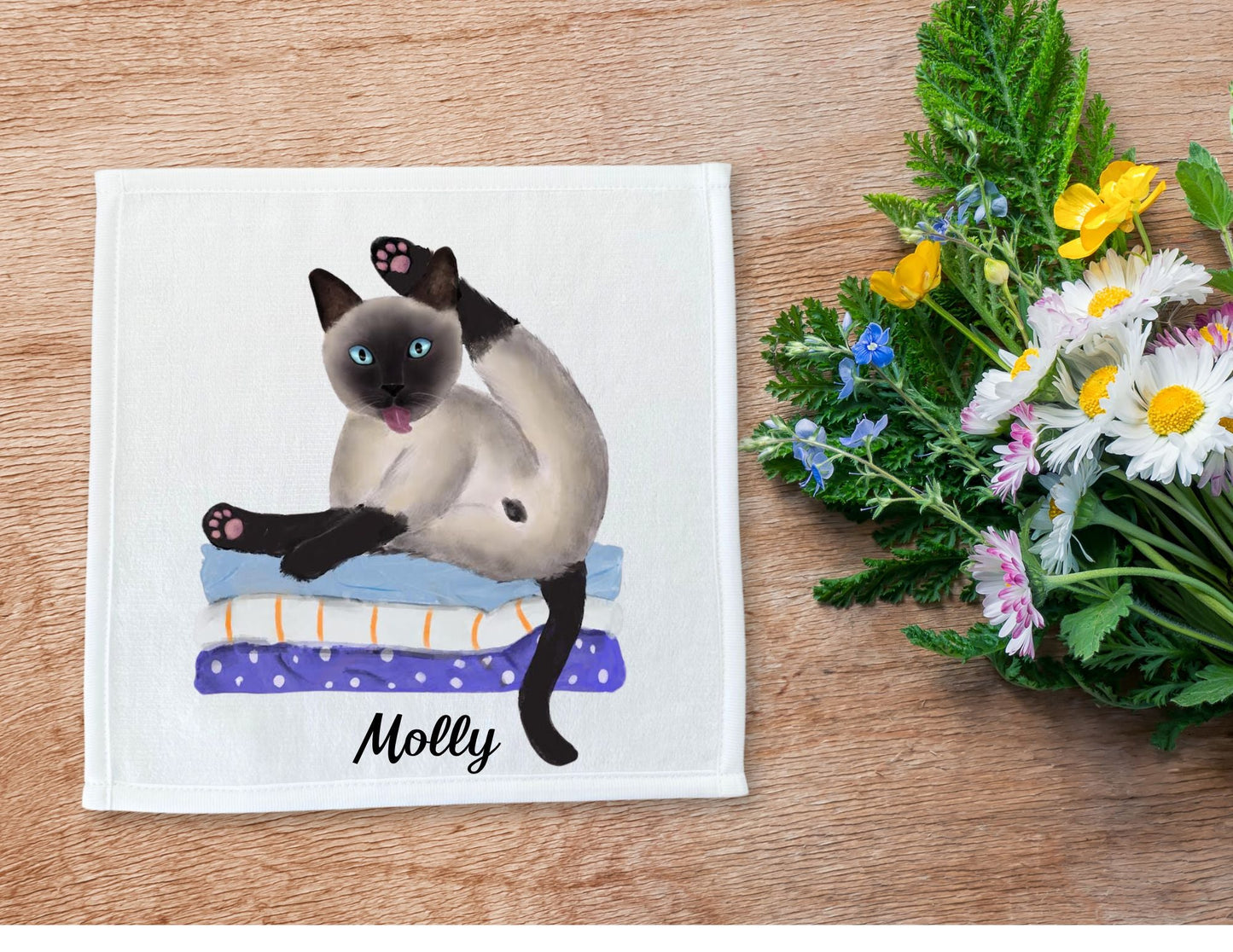 Siamese Cat Stretching on Pillows Washcloth - MerikaArt