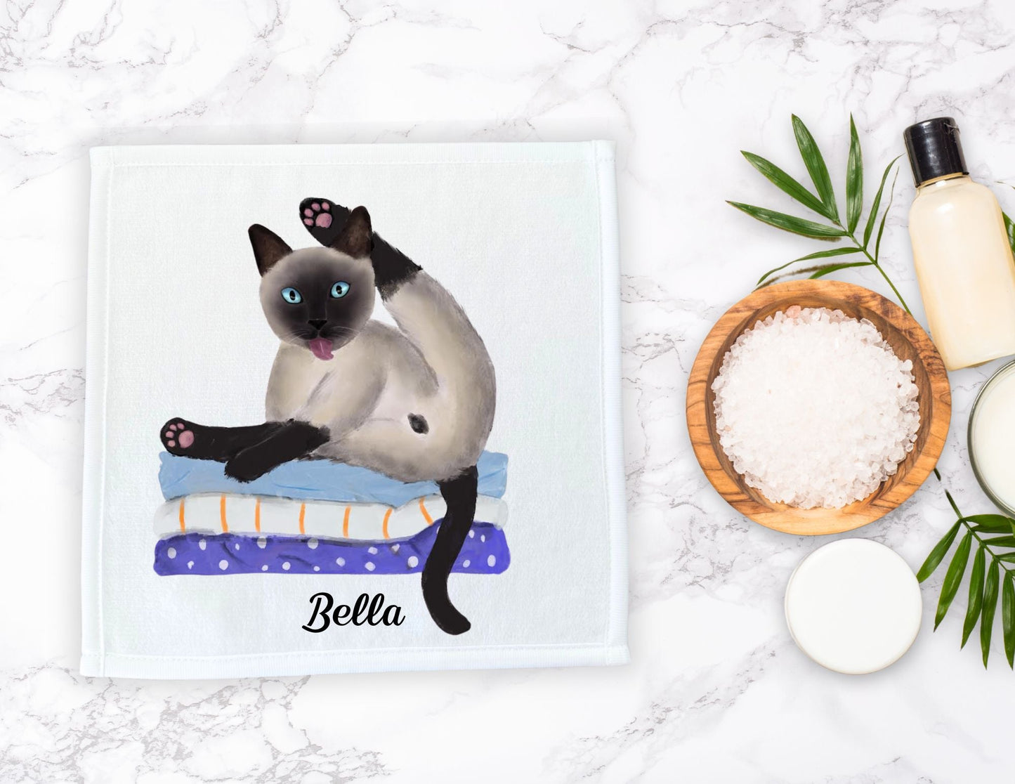 Siamese Cat Stretching on Pillows Washcloth - MerikaArt
