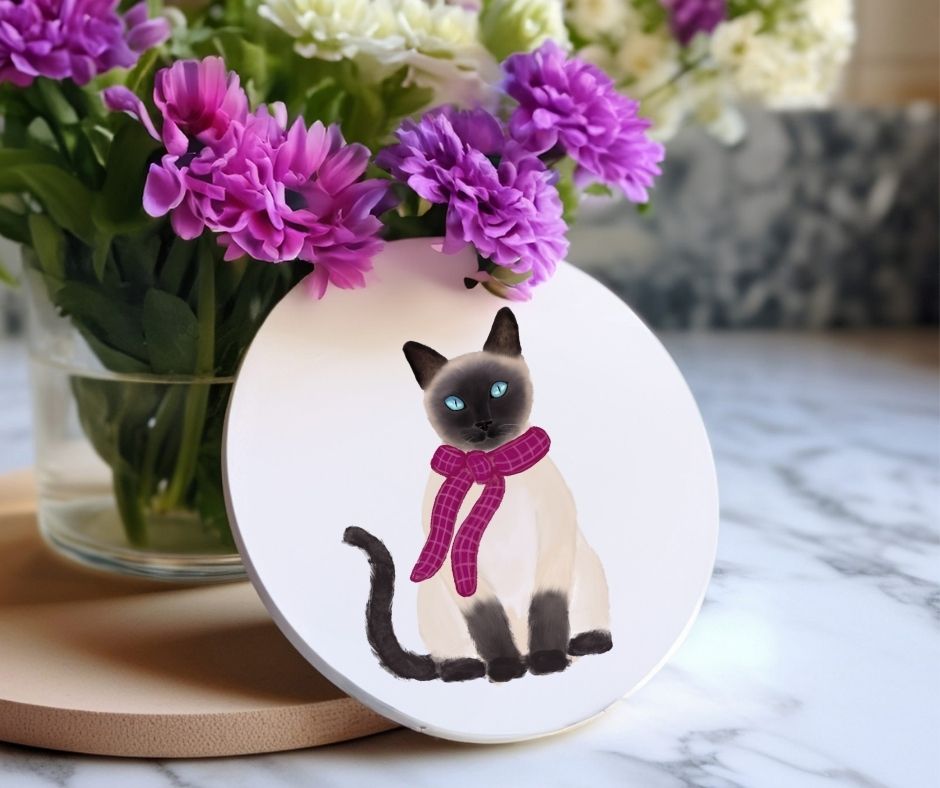 Siamese Cat with Pink Scarf Ceramic Coaster - MerikaArt