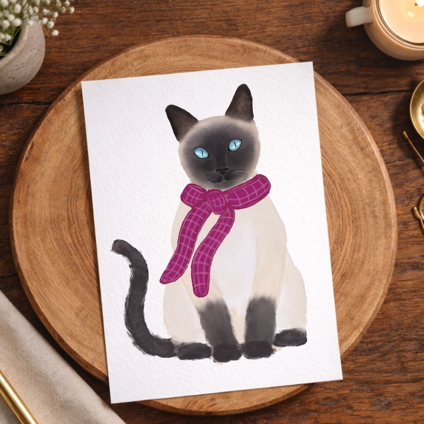 Siamese Cat With Pink Scarf Postcard - MerikaArt