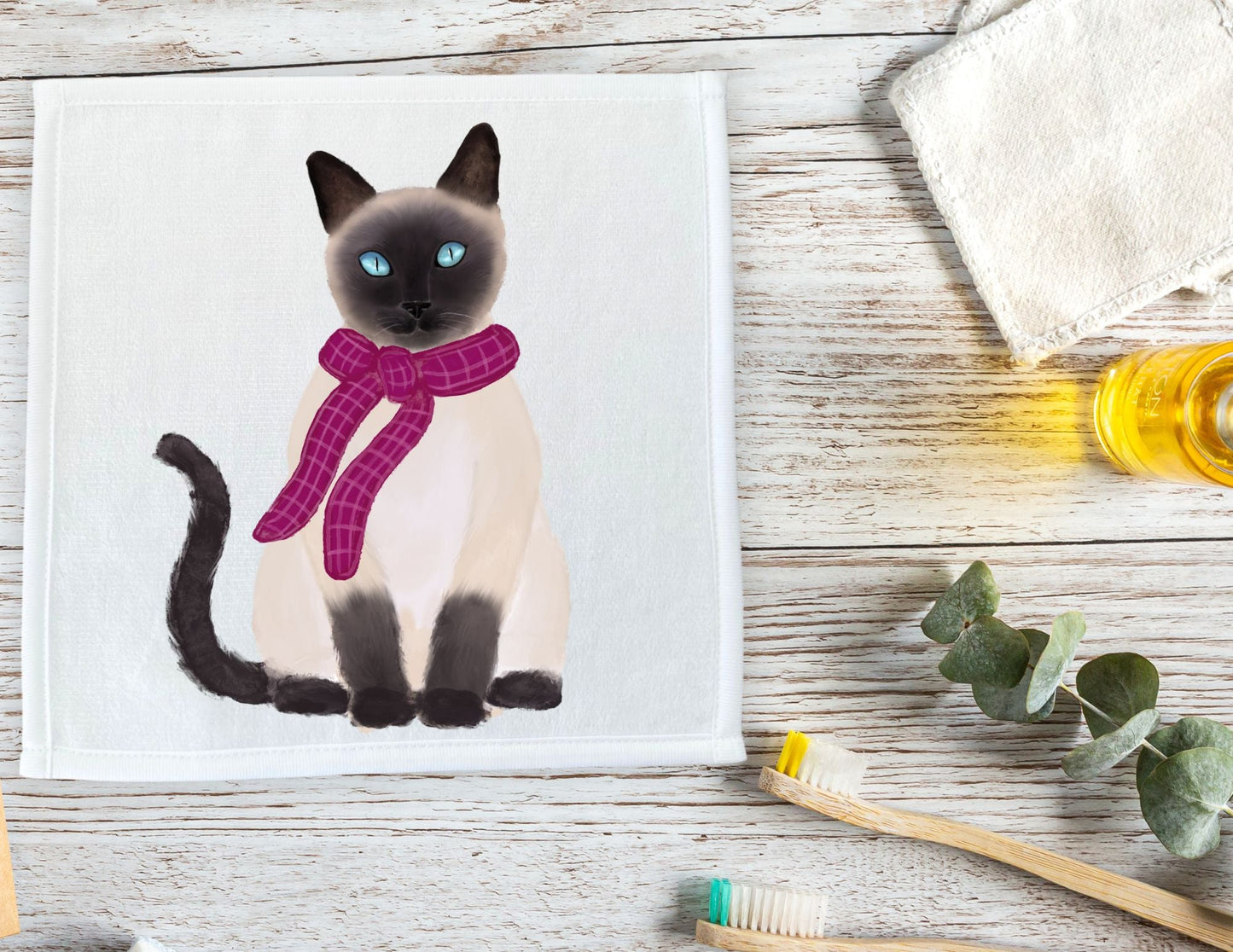 Siamese Cat with Pink Scarf Washcloth - MerikaArt