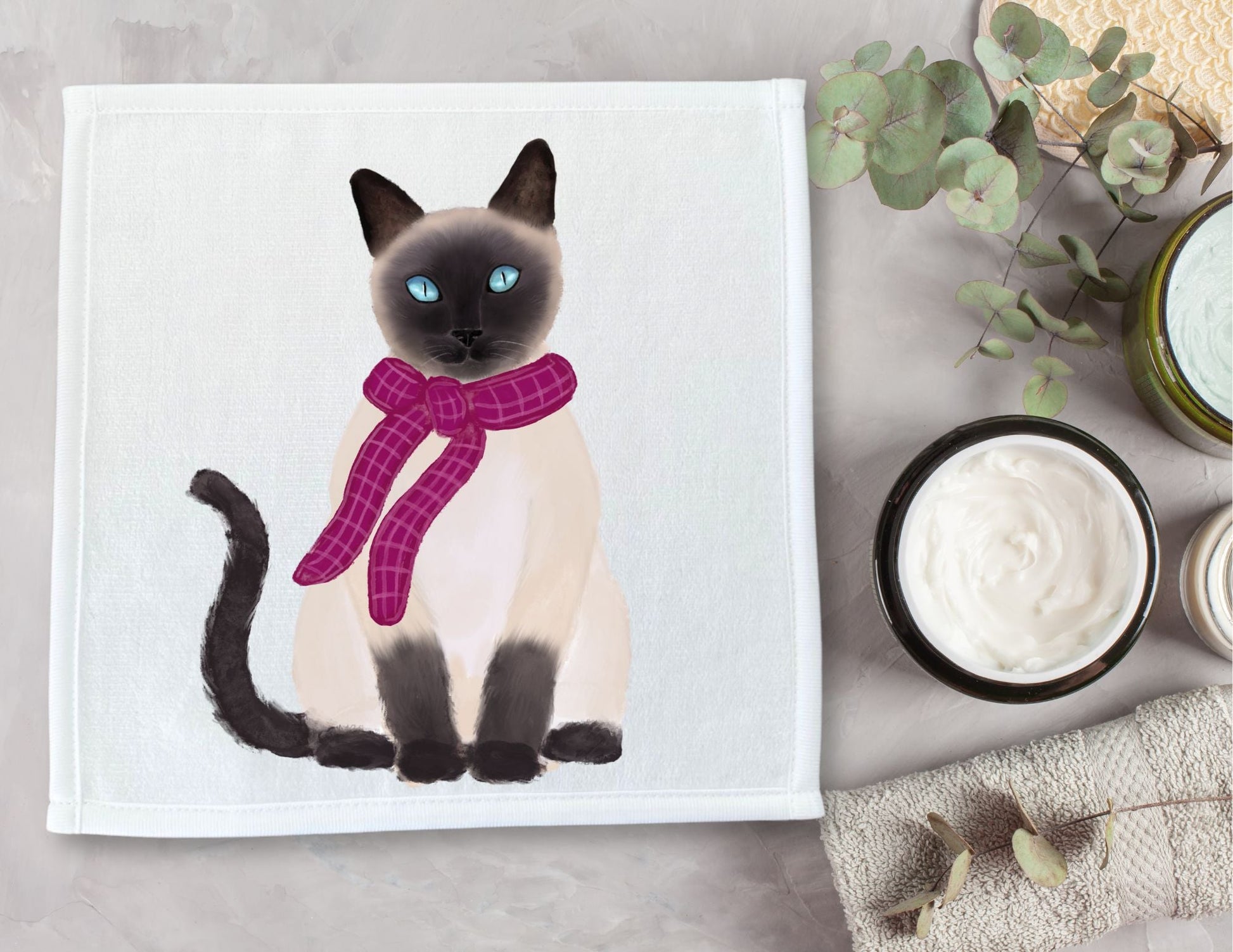 Siamese Cat with Pink Scarf Washcloth - MerikaArt