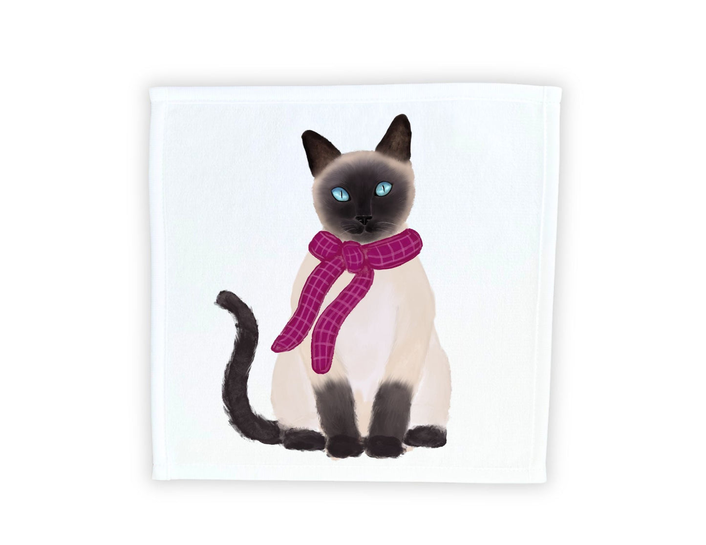 Siamese Cat with Pink Scarf Washcloth - MerikaArt