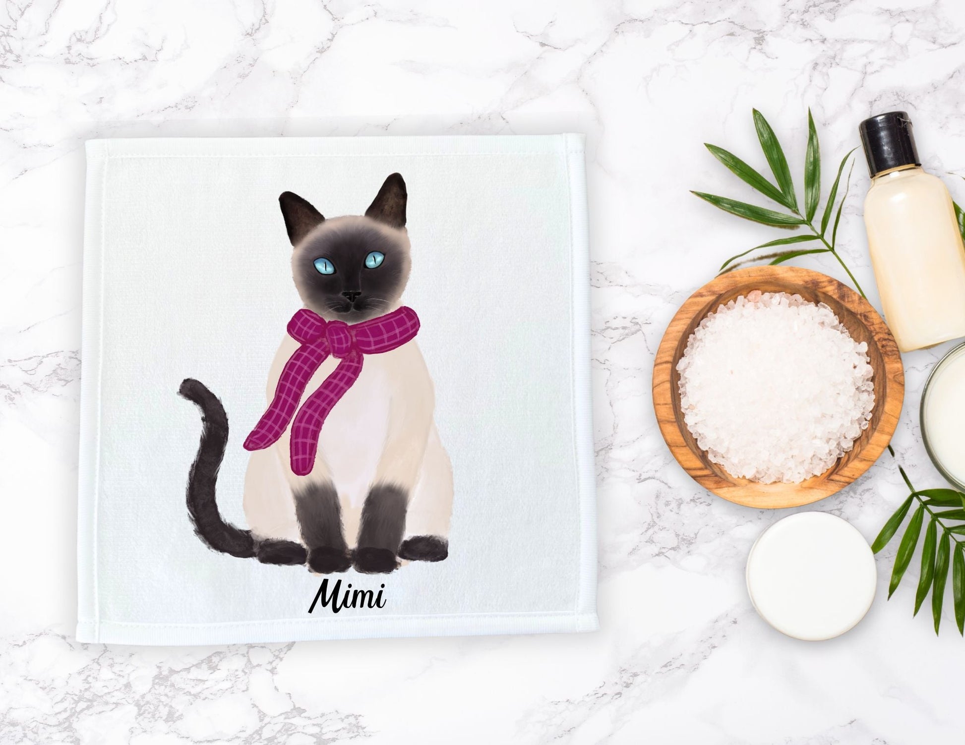 Siamese Cat with Pink Scarf Washcloth - MerikaArt
