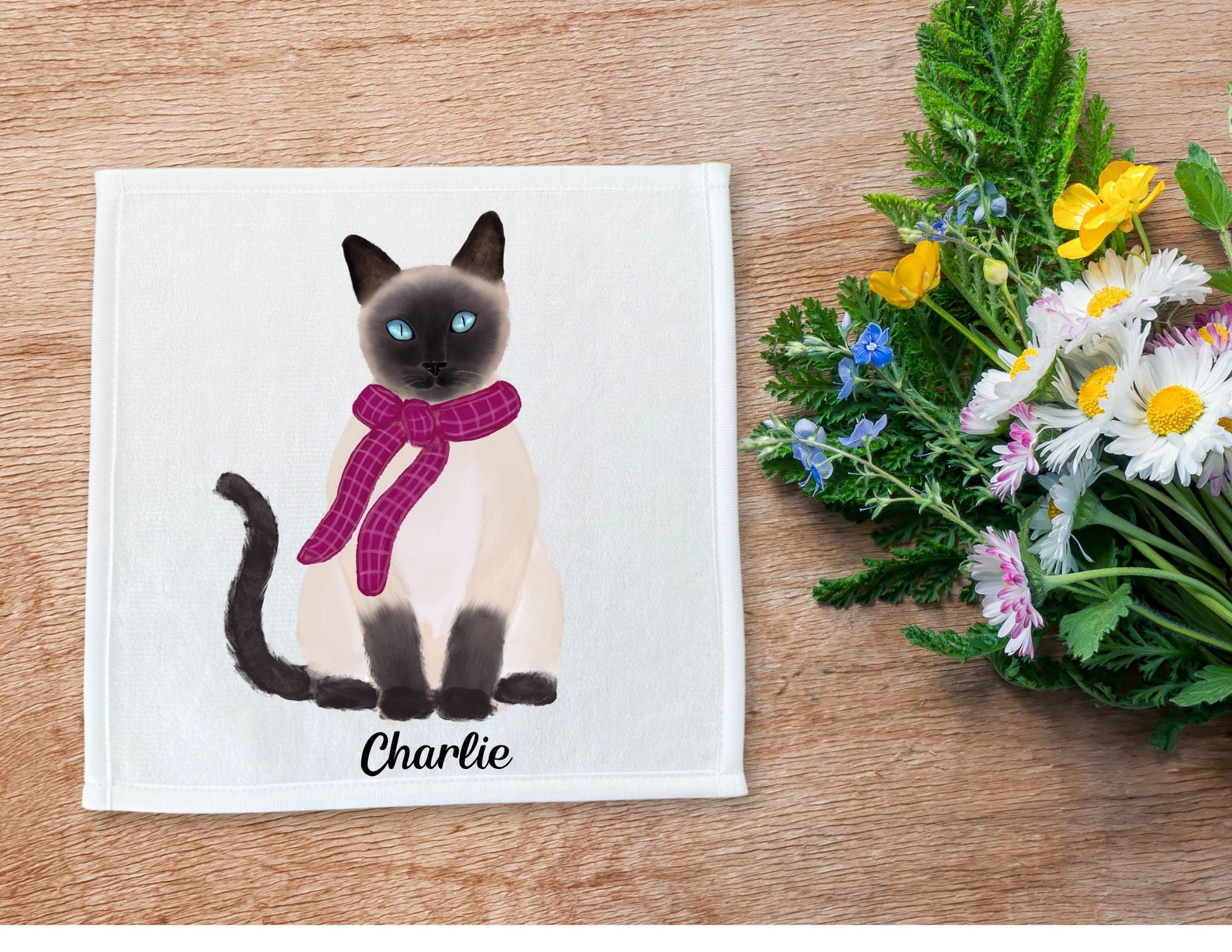 Siamese Cat with Pink Scarf Washcloth - MerikaArt
