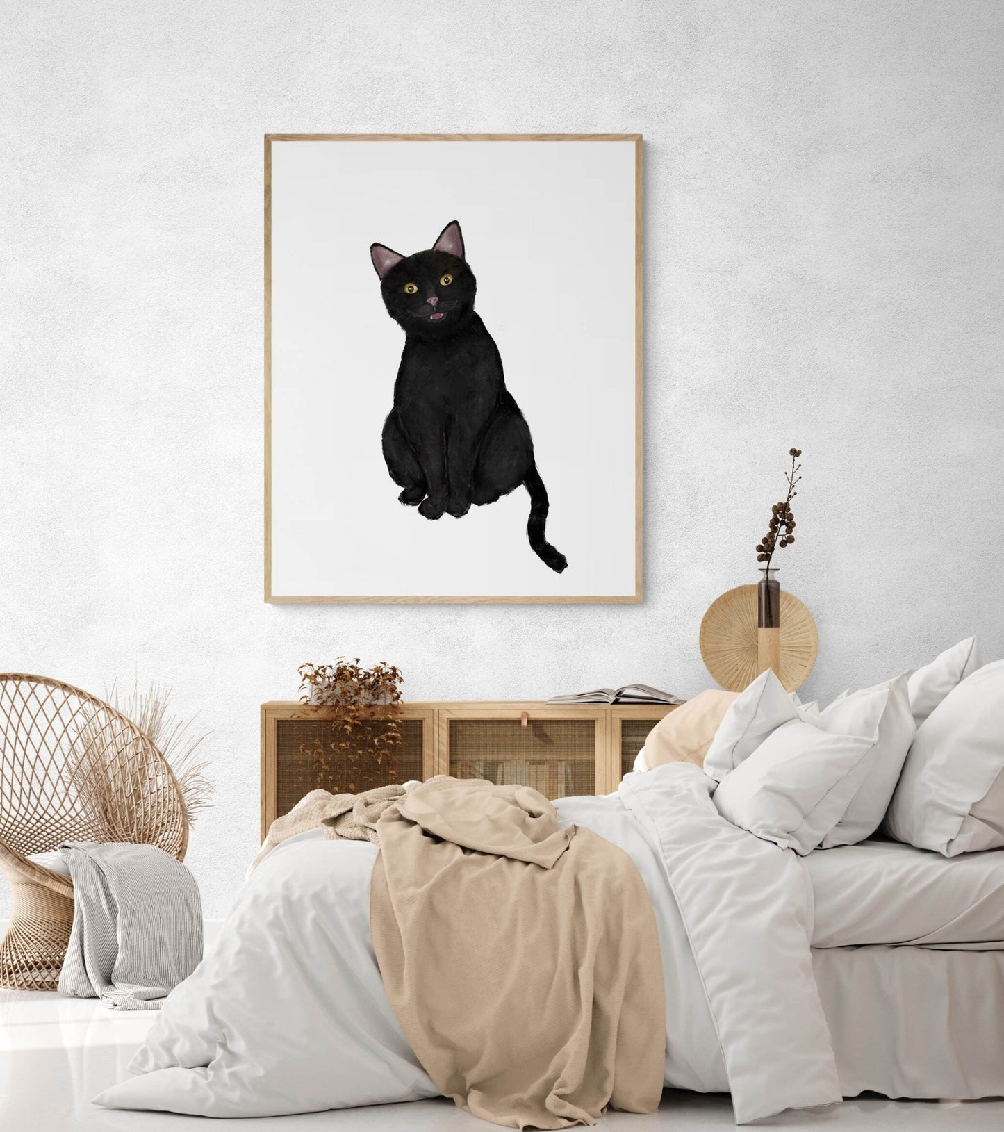 Sitting Black Cat Wall Art, Cute Cat Art Print, Black Cat Painting, Black Kitty Portrait, Cat Memorial, Cat Lover Gift, Cat Lady Gift - MerikaArt