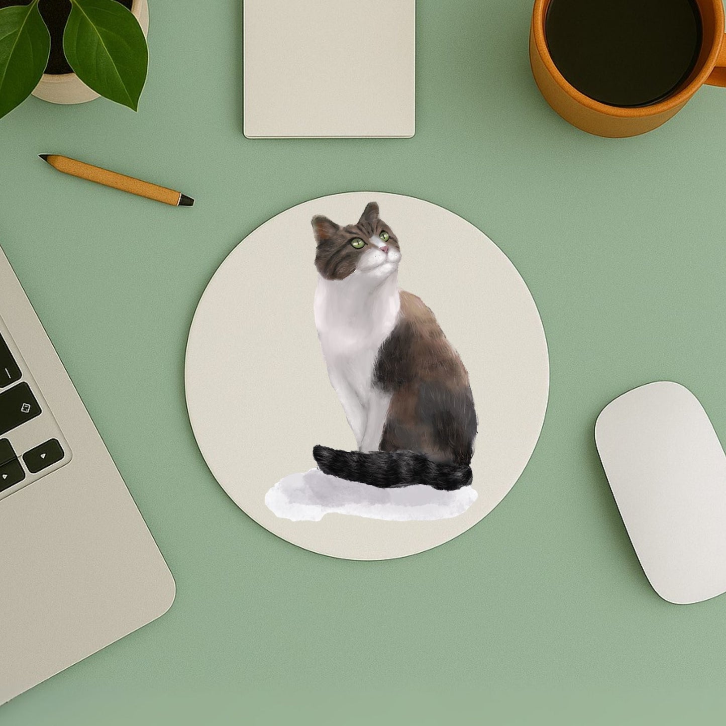 Sitting Tabby and White Cat Mousepad - MerikaArt