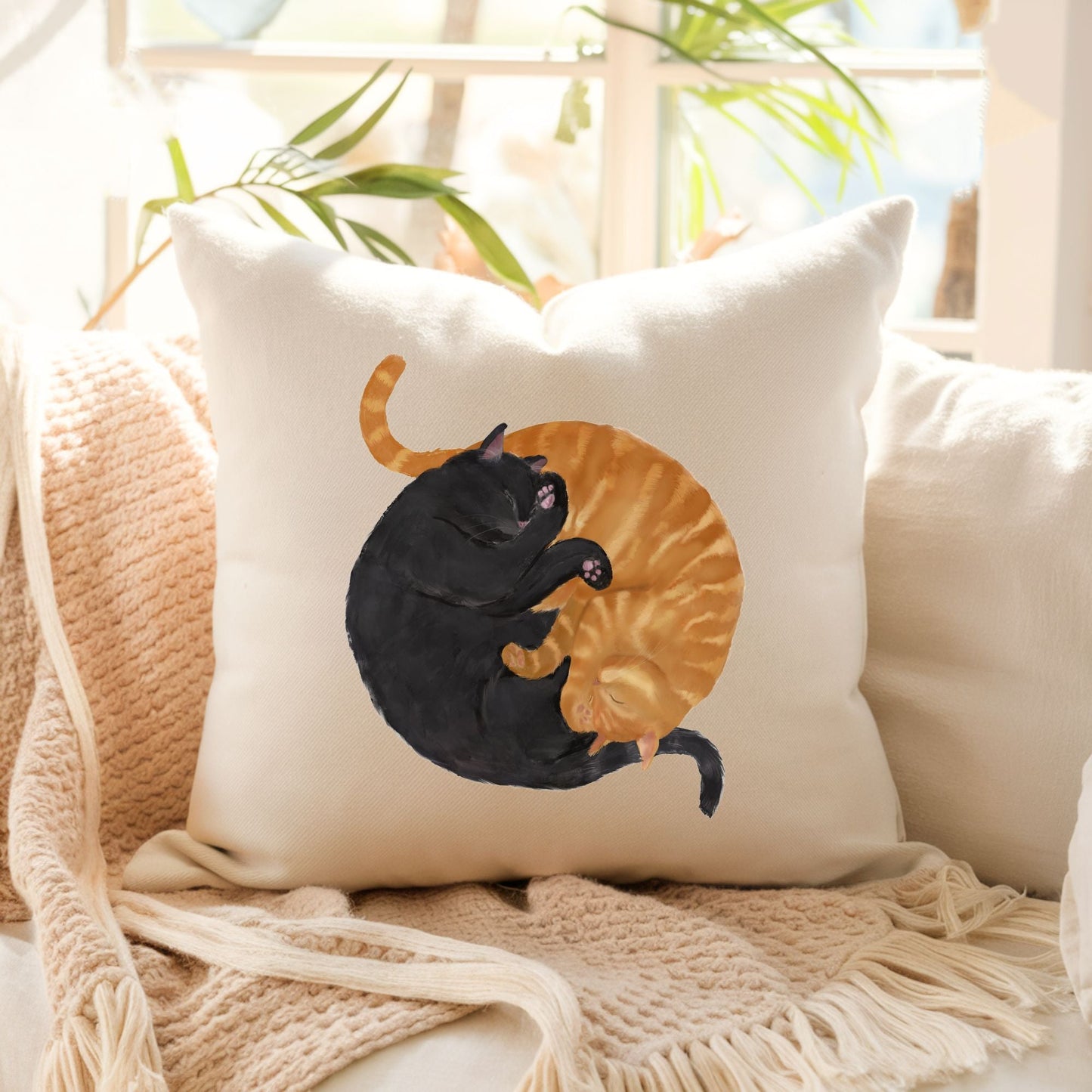 Sleeping Black and Orange Cat Pillow - MerikaArt